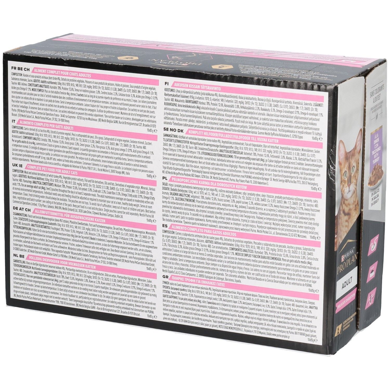 Dos de la boîte en carton avec informations sur le produit et texte en plusieurs langues. Contient des informations sur les ingrédients et les recommandations d'alimentation.