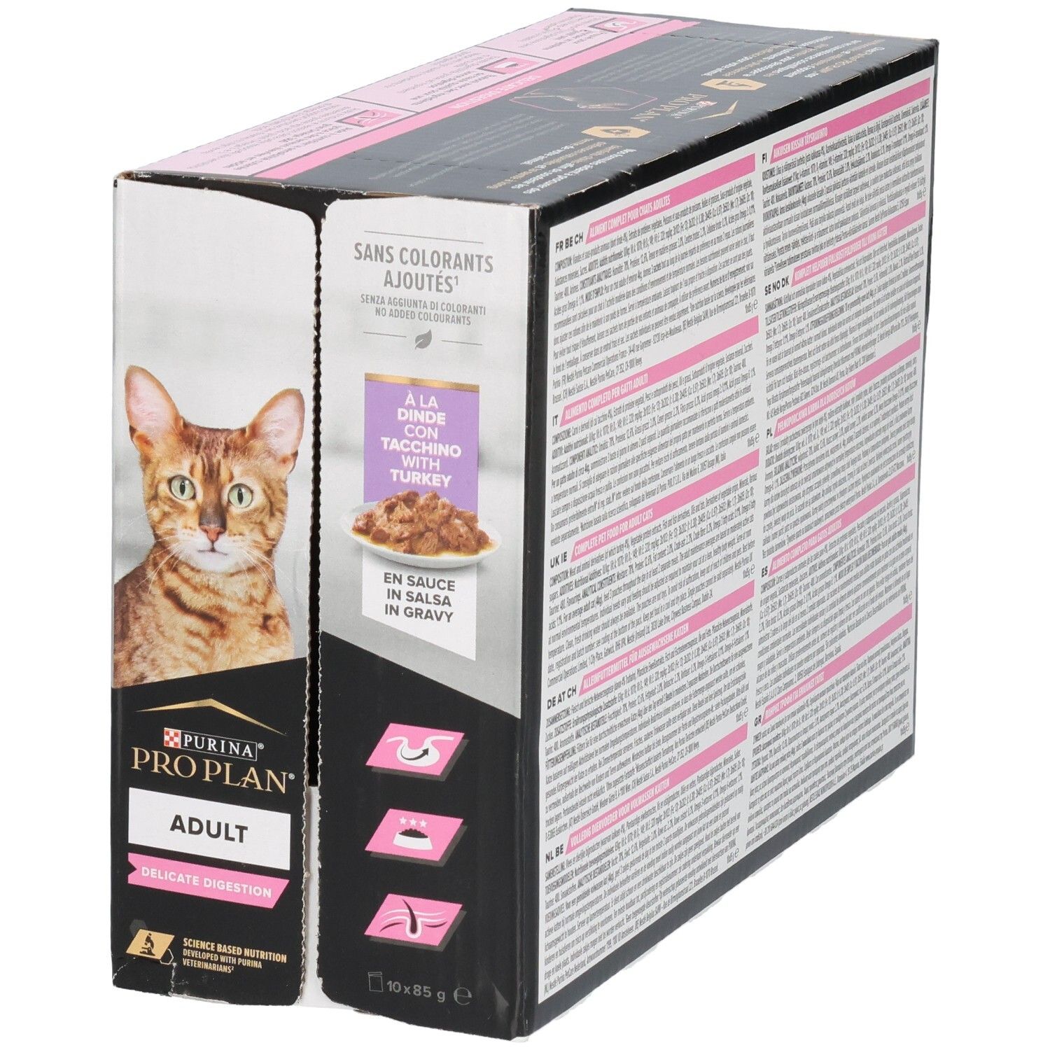 Boîte en carton avec image de produit et logo. Contient des sachets d'aliments pour chats. Inscription : Purina Pro Plan Adult Delicate Digestion.