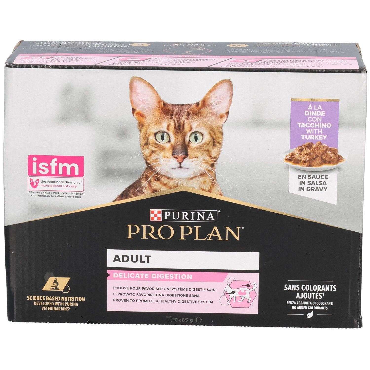 Boîte en carton avec image de produit et logo. Contient des sachets d'aliments pour chats. Inscription : Purina Pro Plan Adult Delicate Digestion.
