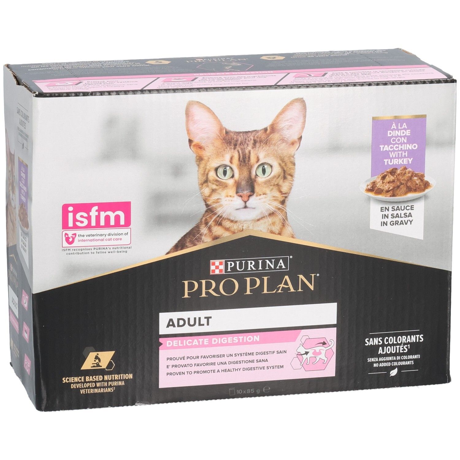 Boîte en carton avec image de produit et logo. Contient des sachets d'aliments pour chats. Inscription : Purina Pro Plan Adult Delicate Digestion.