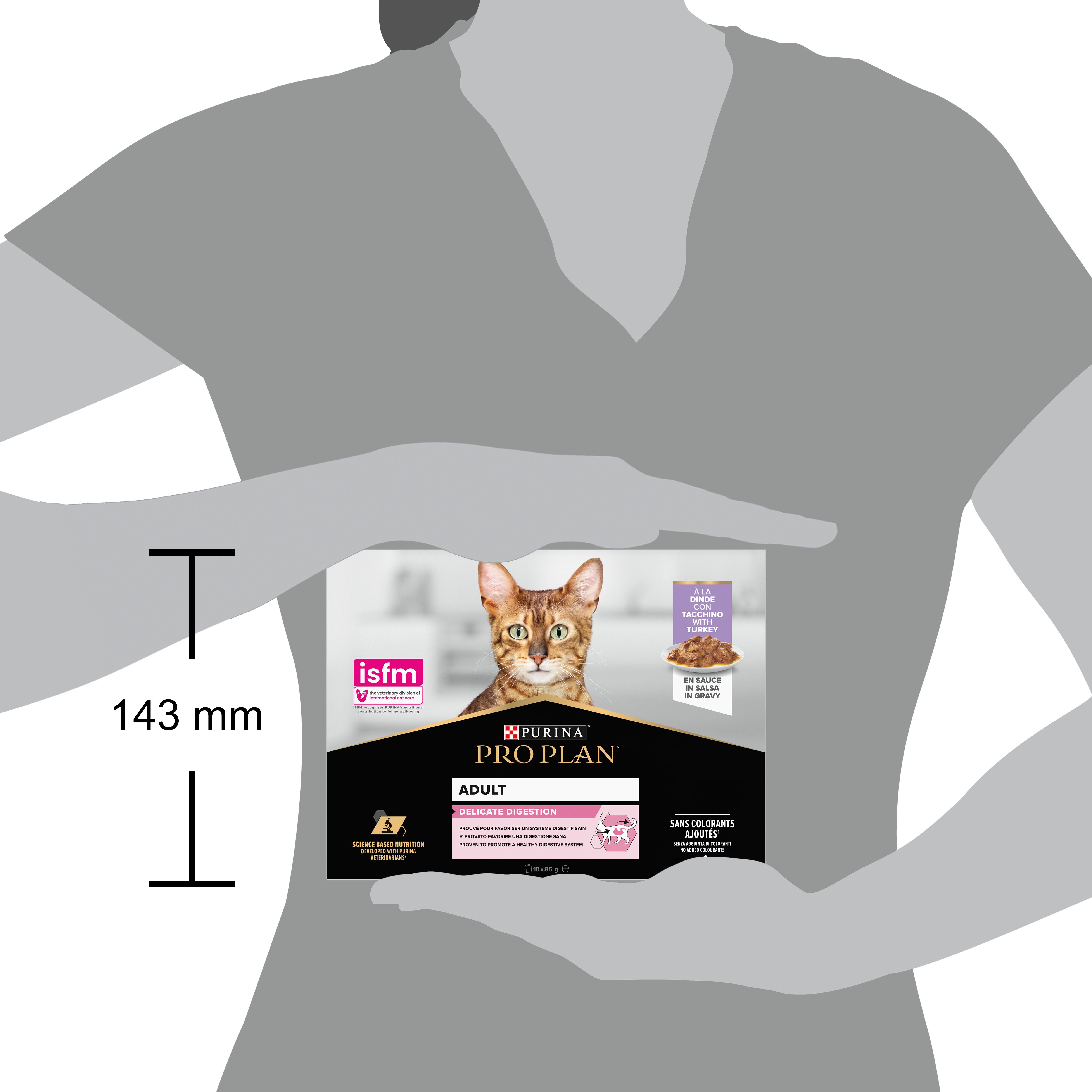 Boîte en carton avec image de produit et logo. Contient des sachets d'aliments pour chats. Inscription : Purina Pro Plan Adult Delicate Digestion.