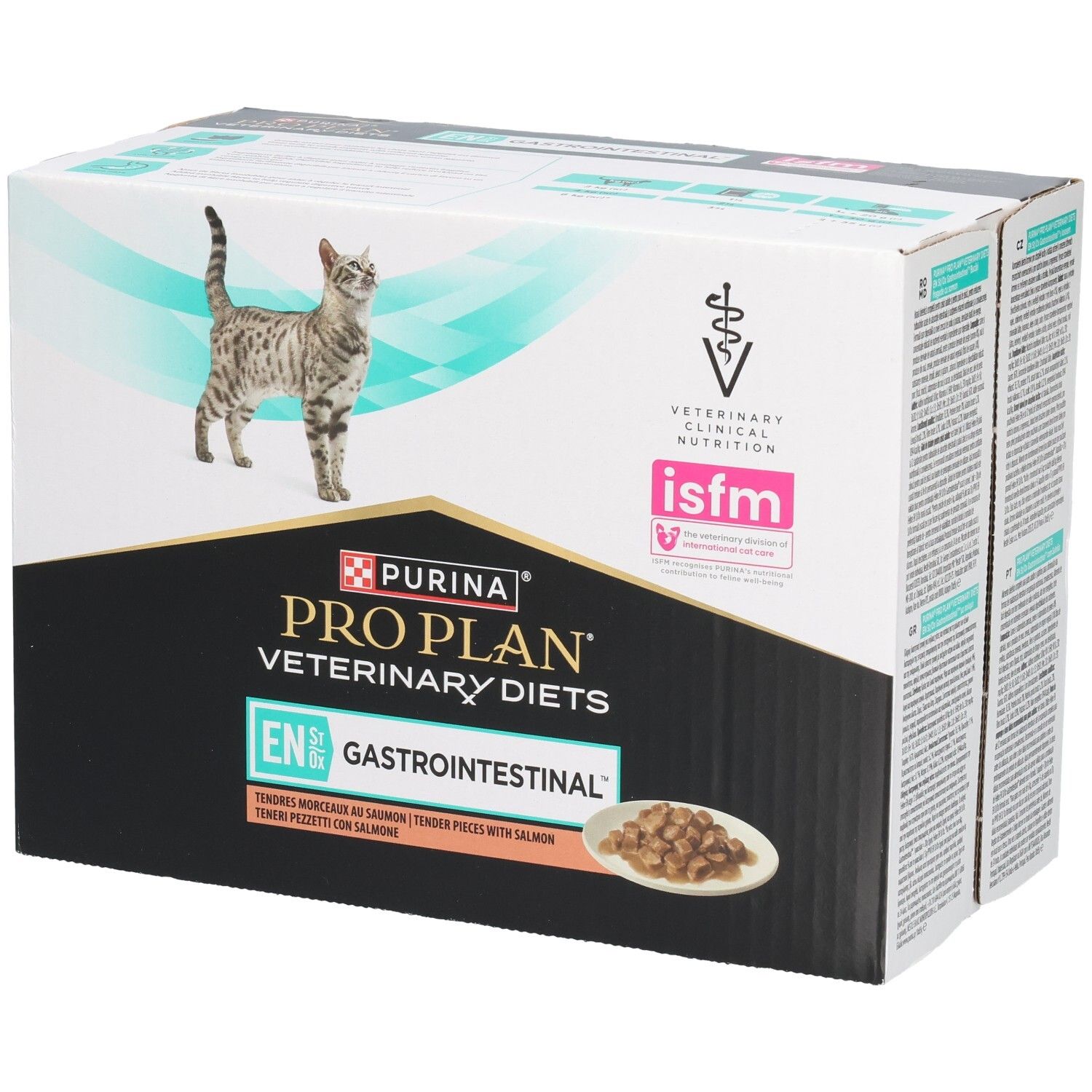 Boîte de nourriture pour chats. Marque : Purina Pro Plan Veterinary Diets. Inscription : EN Gastrointestinal. Chat et croquettes visibles.