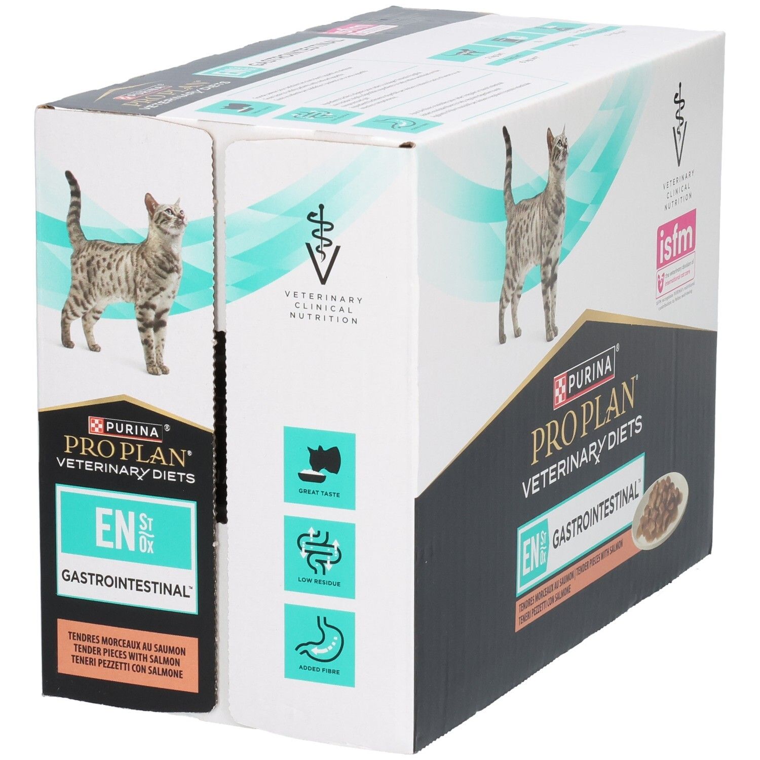 Boîte de nourriture pour chats. Purina Pro Plan Veterinary Diets. Inscription : EN Gastrointestinal. Illustrations digestives.
