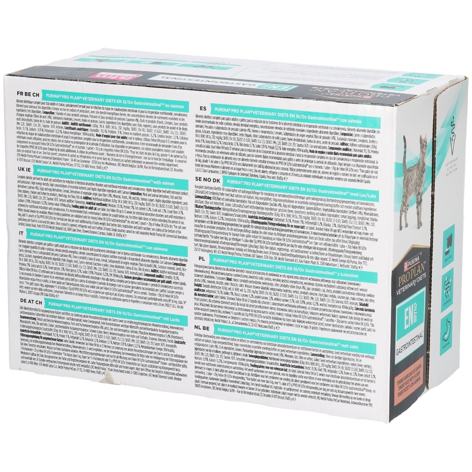 Dos de l'emballage de nourriture pour chats. Texte en plusieurs langues. Marque : Purina Pro Plan Veterinary Diets.