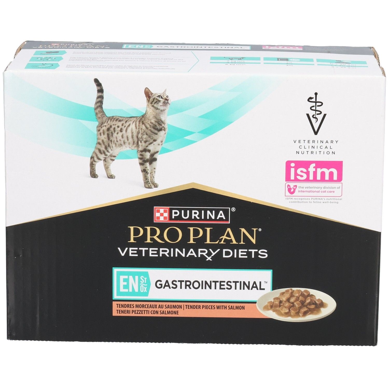Boîte de nourriture pour chats. Purina Pro Plan Veterinary Diets. Inscription : EN Gastrointestinal. Chat et croquettes visibles.