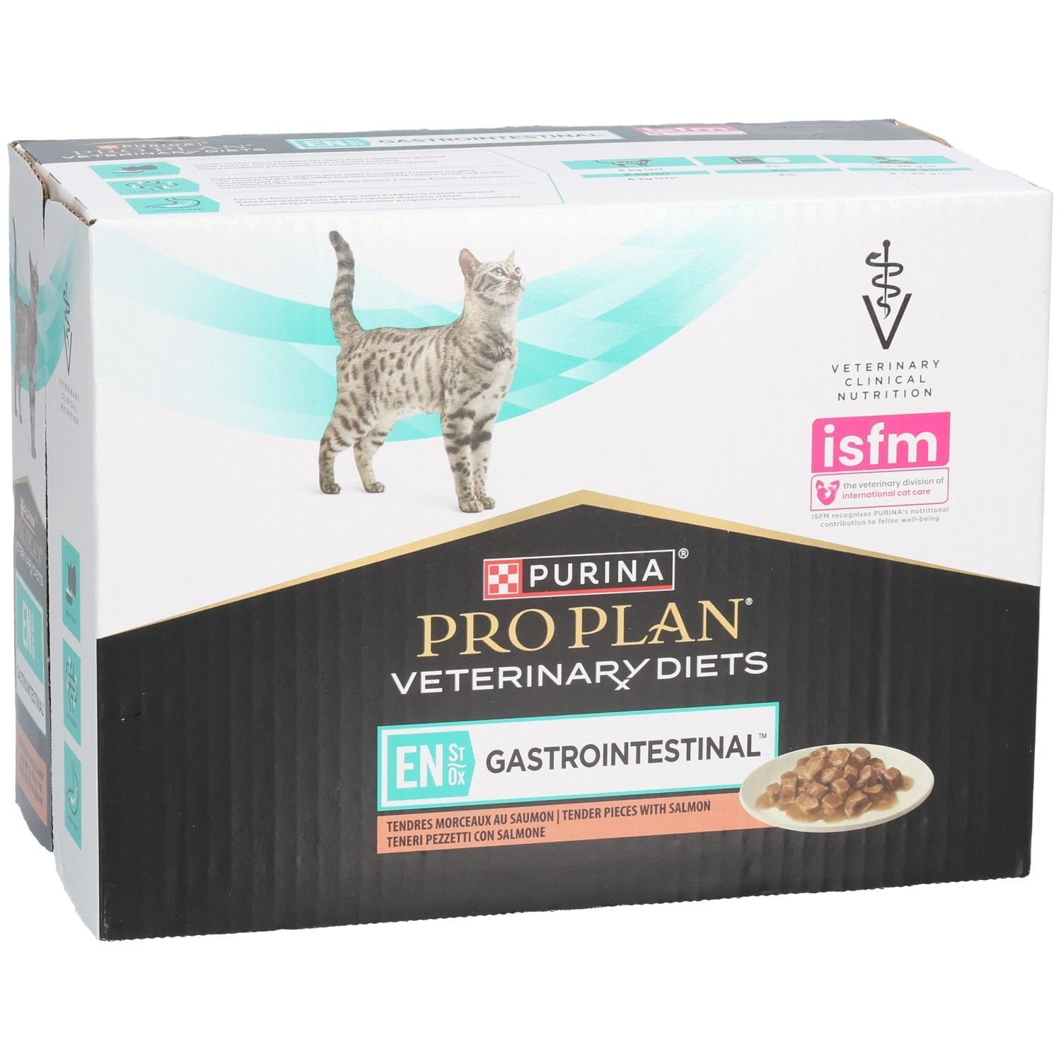 Boîte de nourriture pour chats. Purina Pro Plan Veterinary Diets. Inscription : EN Gastrointestinal. Chat et croquettes visibles.