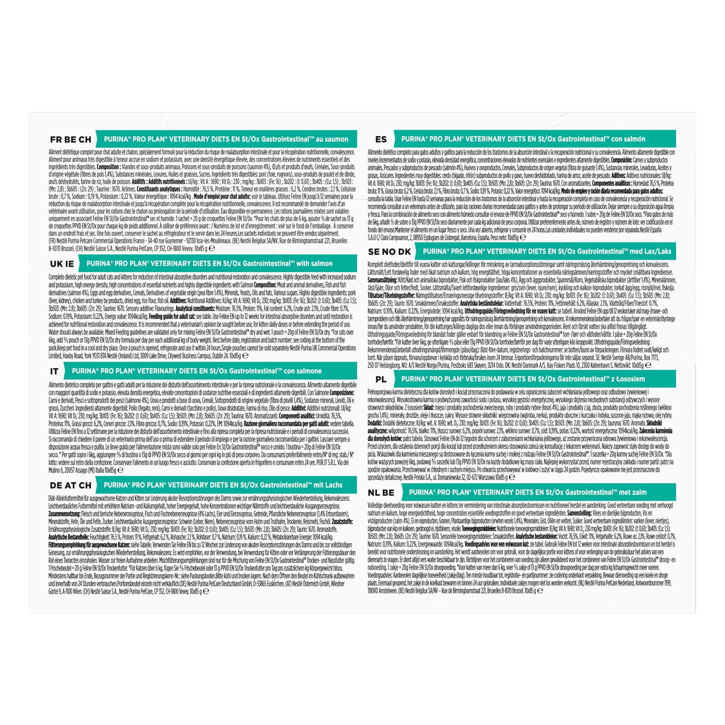Dos de l'emballage de nourriture pour chats. Texte en français. Marque : Purina Pro Plan Veterinary Diets.