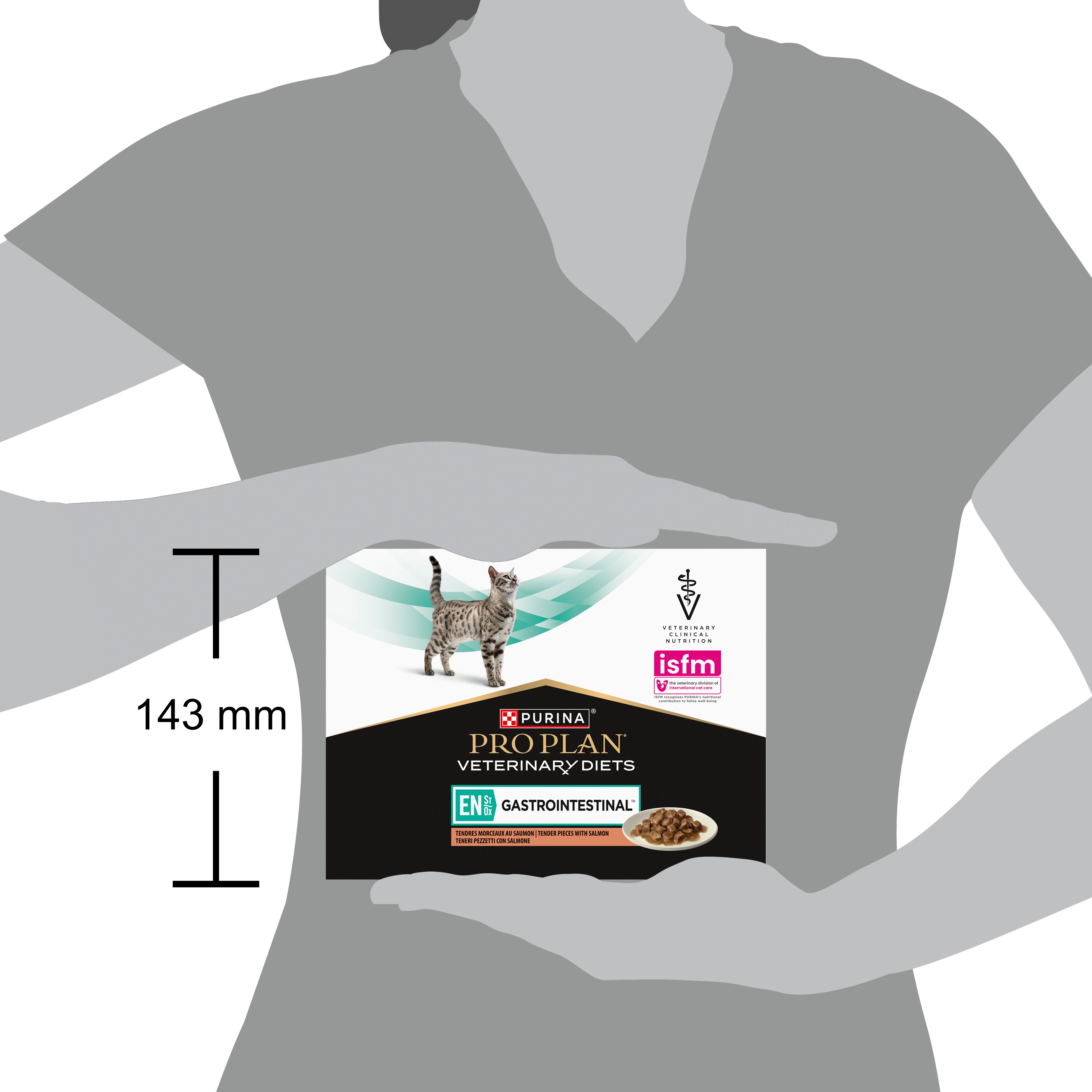 Boîte de nourriture pour chats. Purina Pro Plan Veterinary Diets. Inscription : EN Gastrointestinal. Chat et croquettes visibles.
