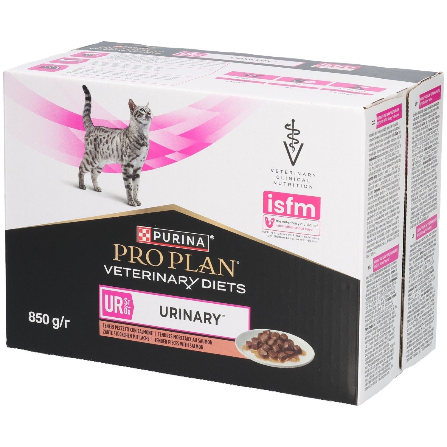 Emballage Purina Pro Plan Veterinary Diets UR Urinary pour chats. 850g. Comprend des images d'un chat et de nourriture.