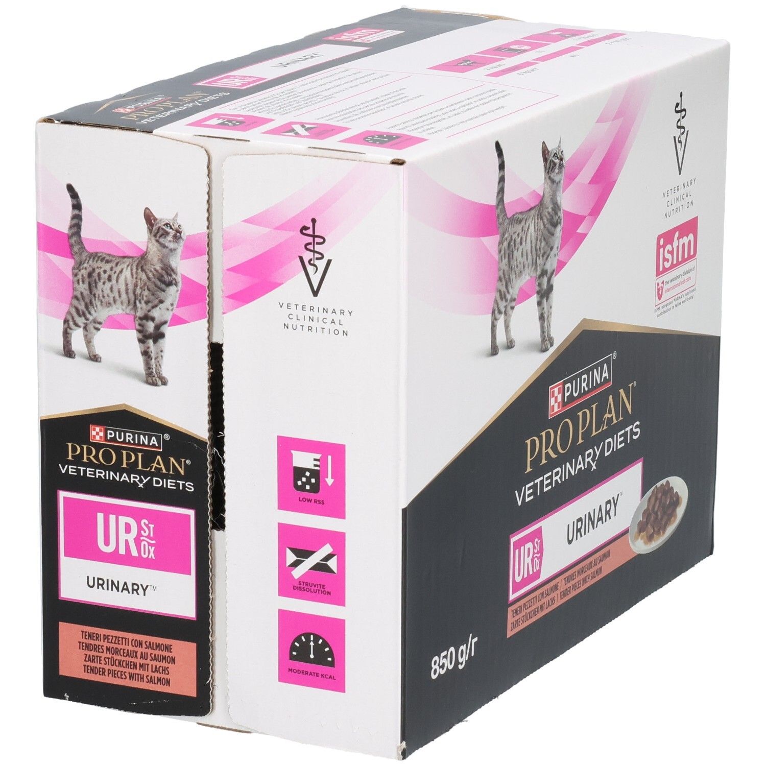 Emballage Purina Pro Plan Veterinary Diets UR Urinary pour chats. 850g. Étiquettes multilingues.