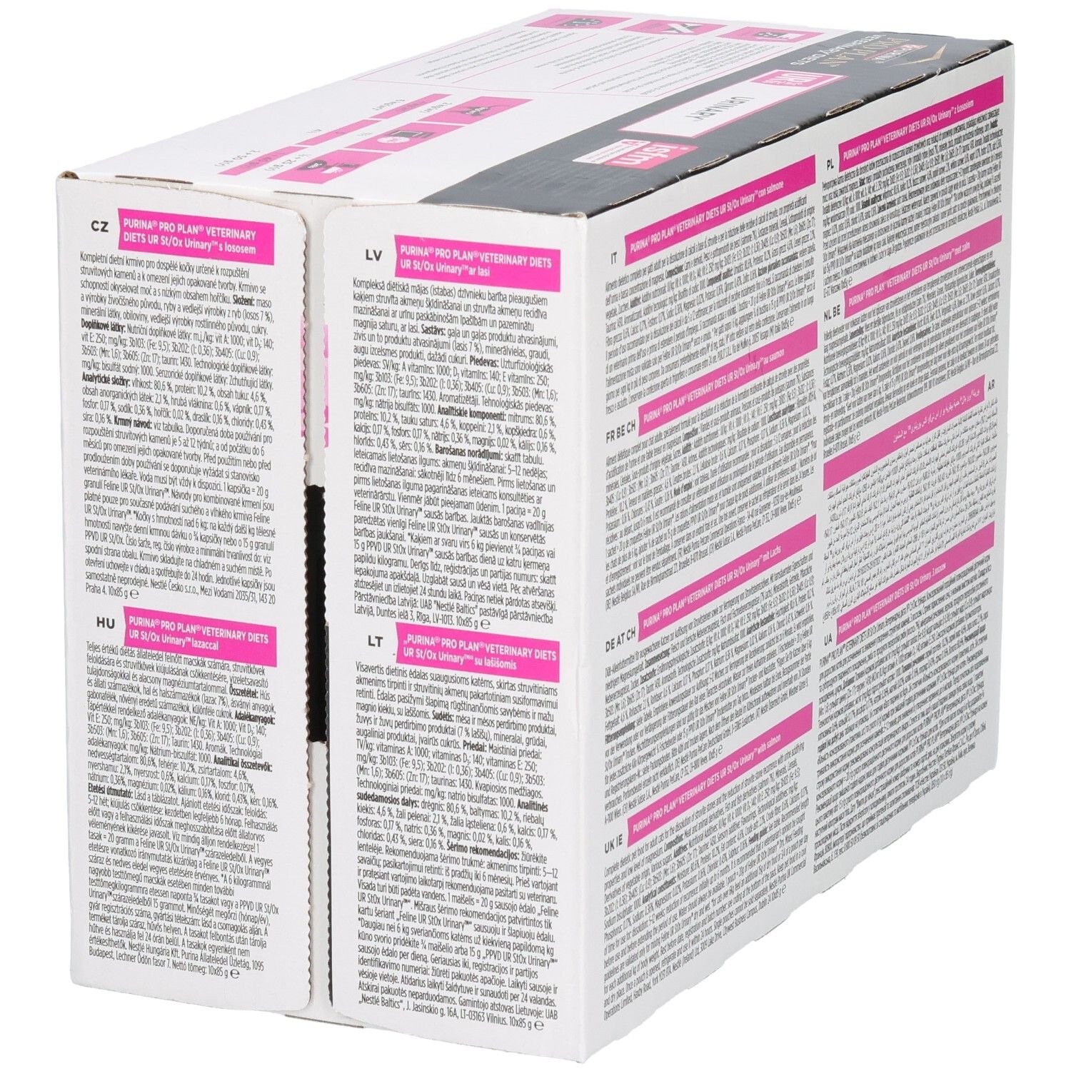 Emballage Purina Pro Plan Veterinary Diets DM Diabetes Management pour chats. 850g. Comprend des images d'un chat et de nourriture.