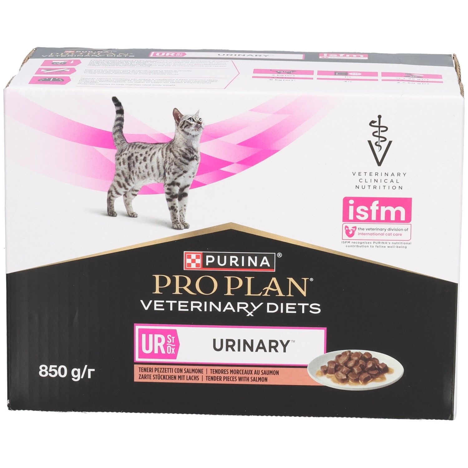 Boîte de nourriture pour chats Purina Pro Plan Veterinary Diets Urinary avec image de chat et bol de nourriture.