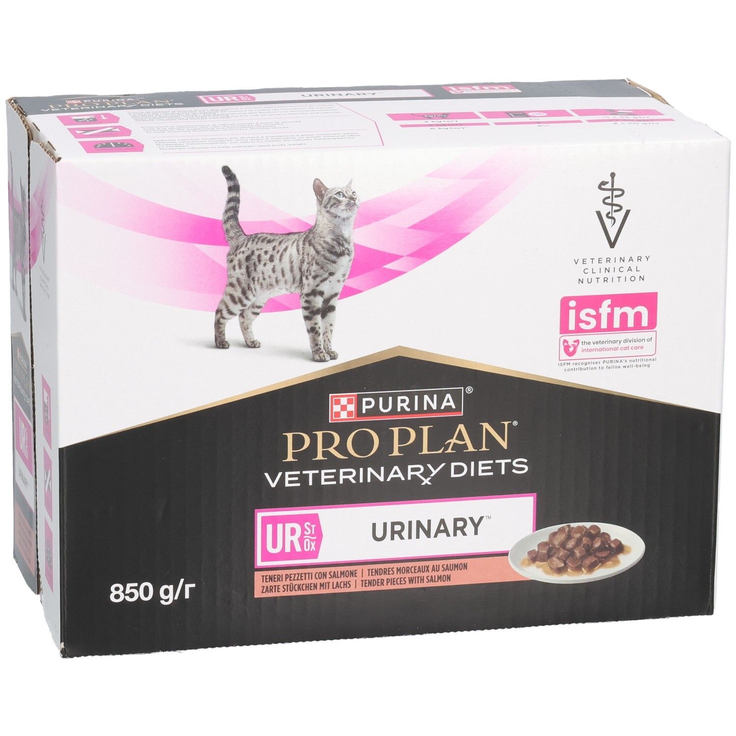Boîte de nourriture pour chats Purina Pro Plan Veterinary Diets Urinary avec image de chat et bol de nourriture.