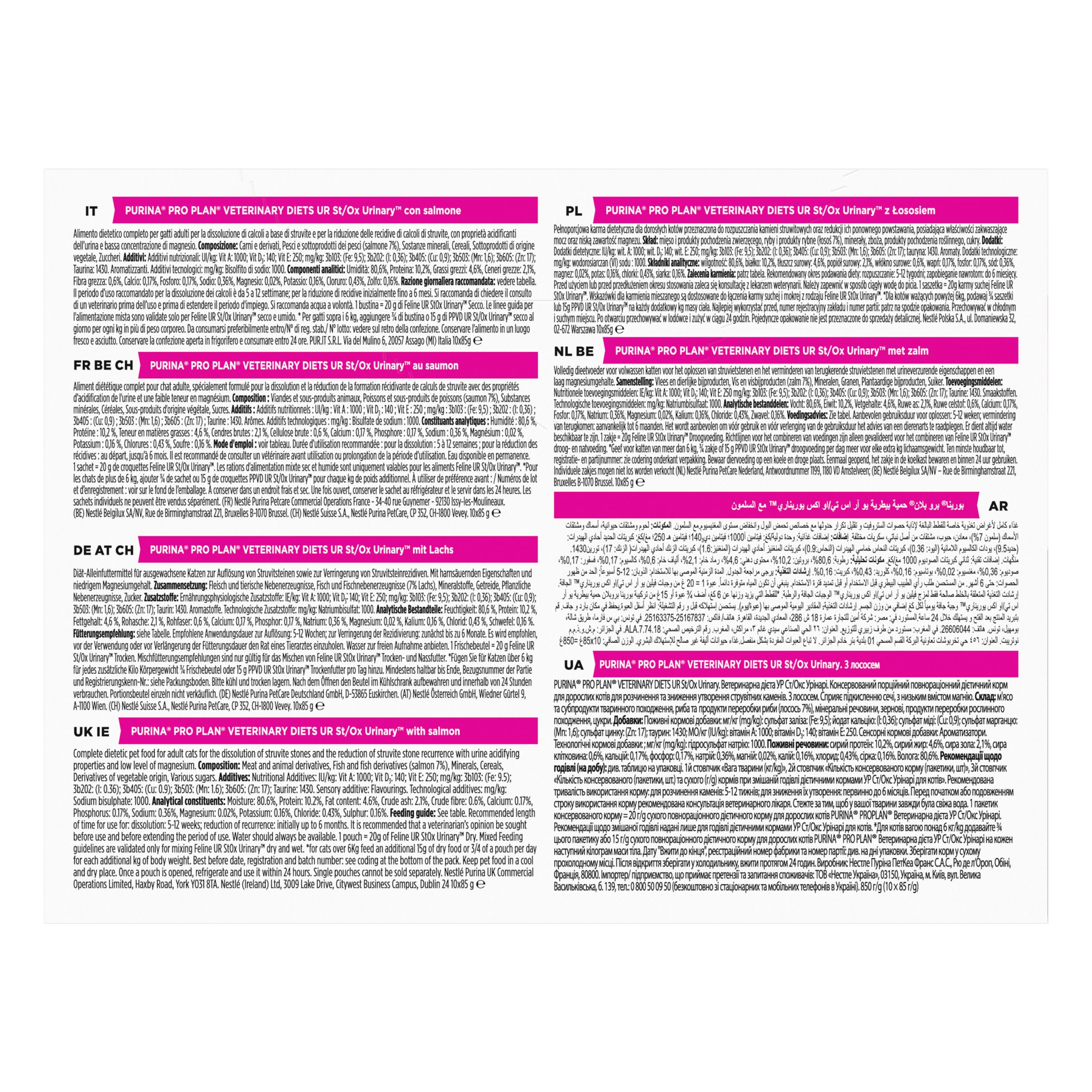 Purina Pro Plan Veterinary Diets Urinary nourriture humide pour chats, tableau dosage.