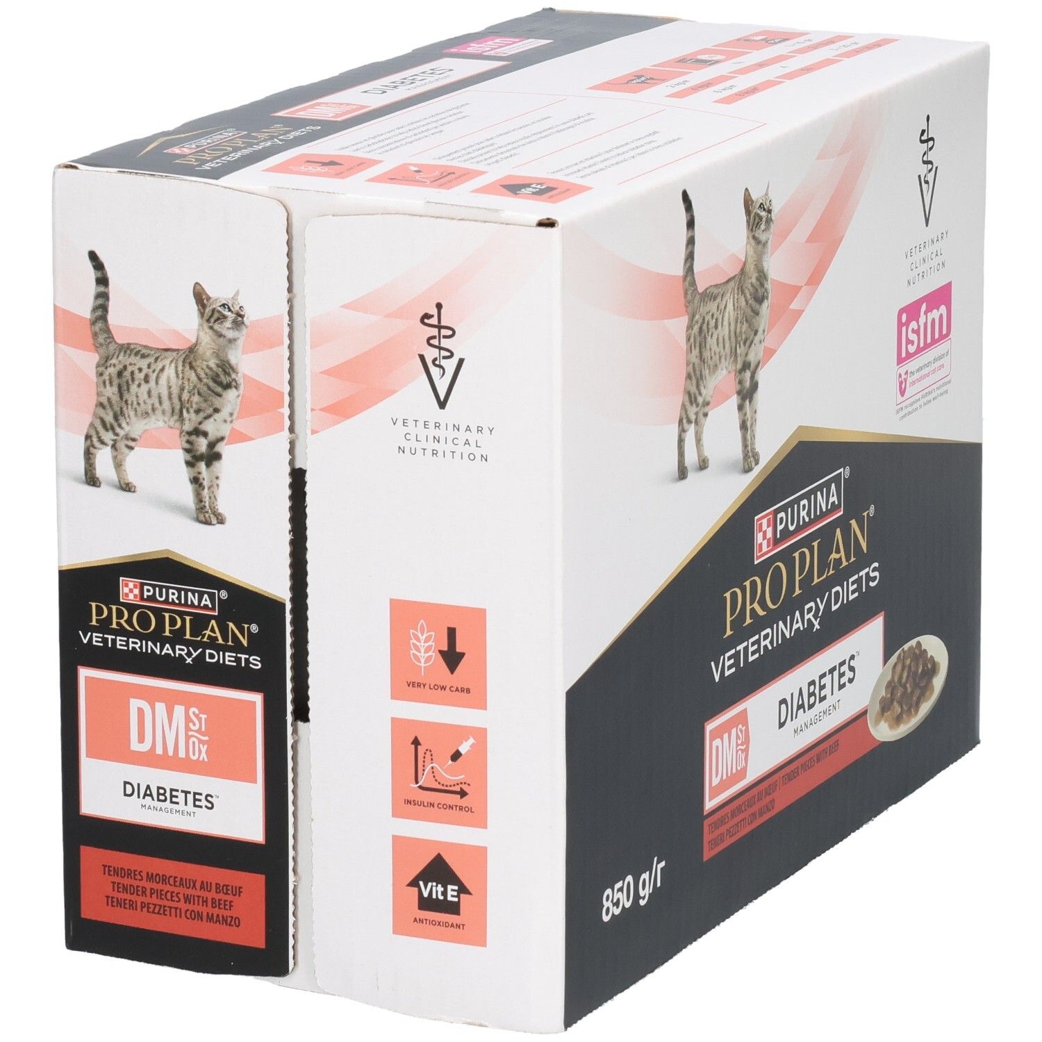 Boîte de nourriture pour chats. Marque : Purina Pro Plan Veterinary Diets. Inscription : DM Diabetes Management. Avec graphiques.