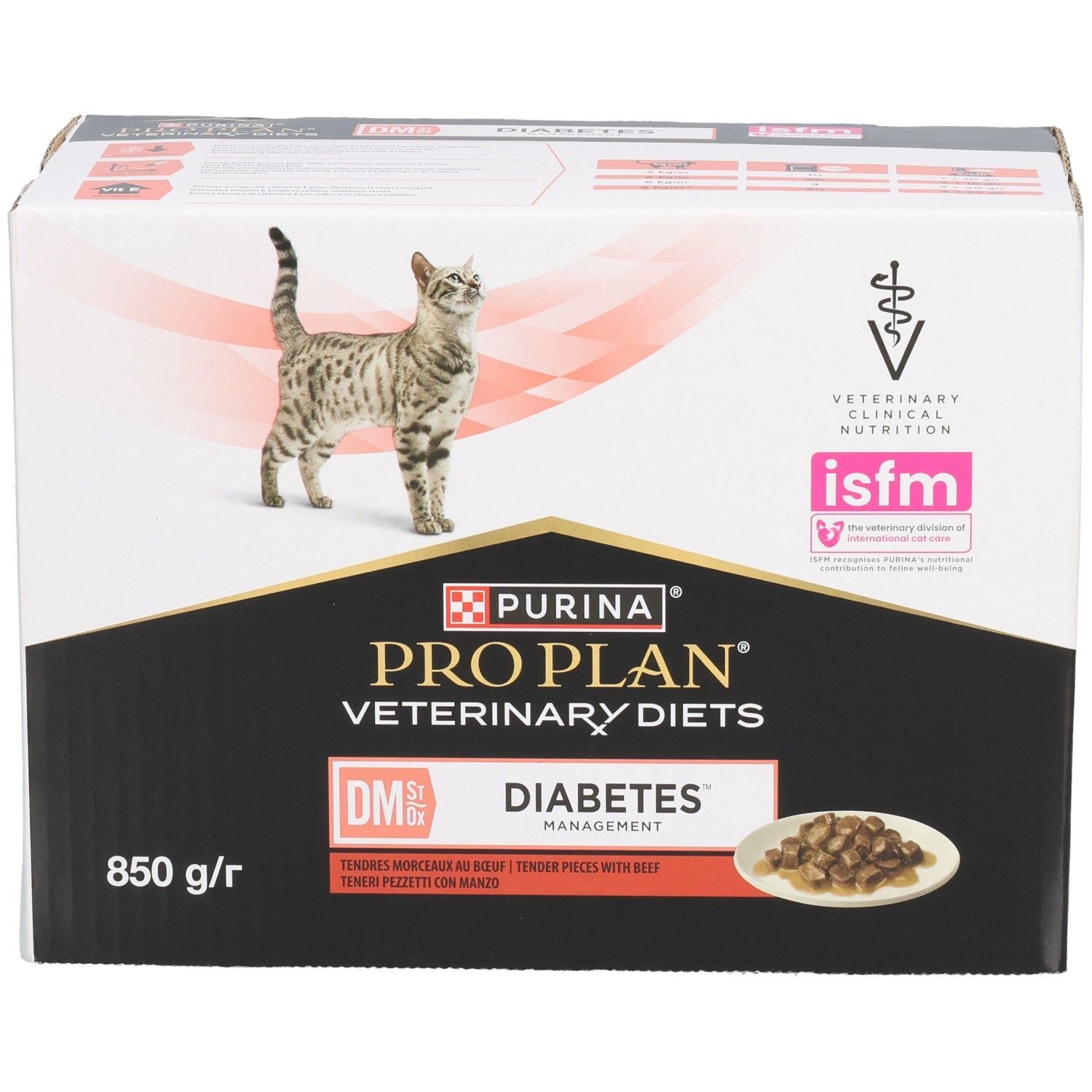 Boîte de nourriture pour chats. Marque : Purina Pro Plan Veterinary Diets. Inscription : DM Diabetes Management. Logo ISFM.
