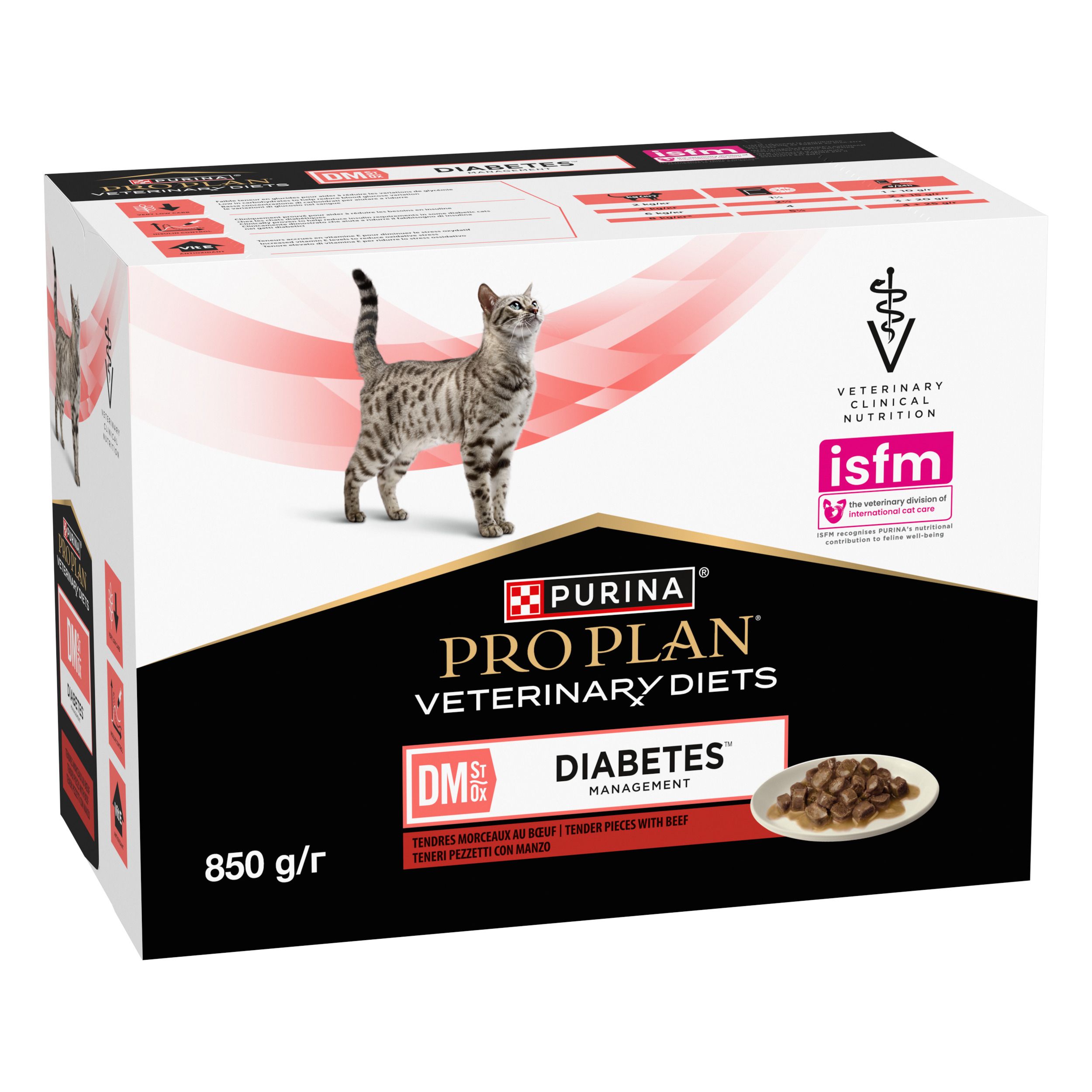 Boîte de nourriture pour chats. Marque : Purina Pro Plan Veterinary Diets. Inscription : DM Diabetes Management. Logo ISFM.