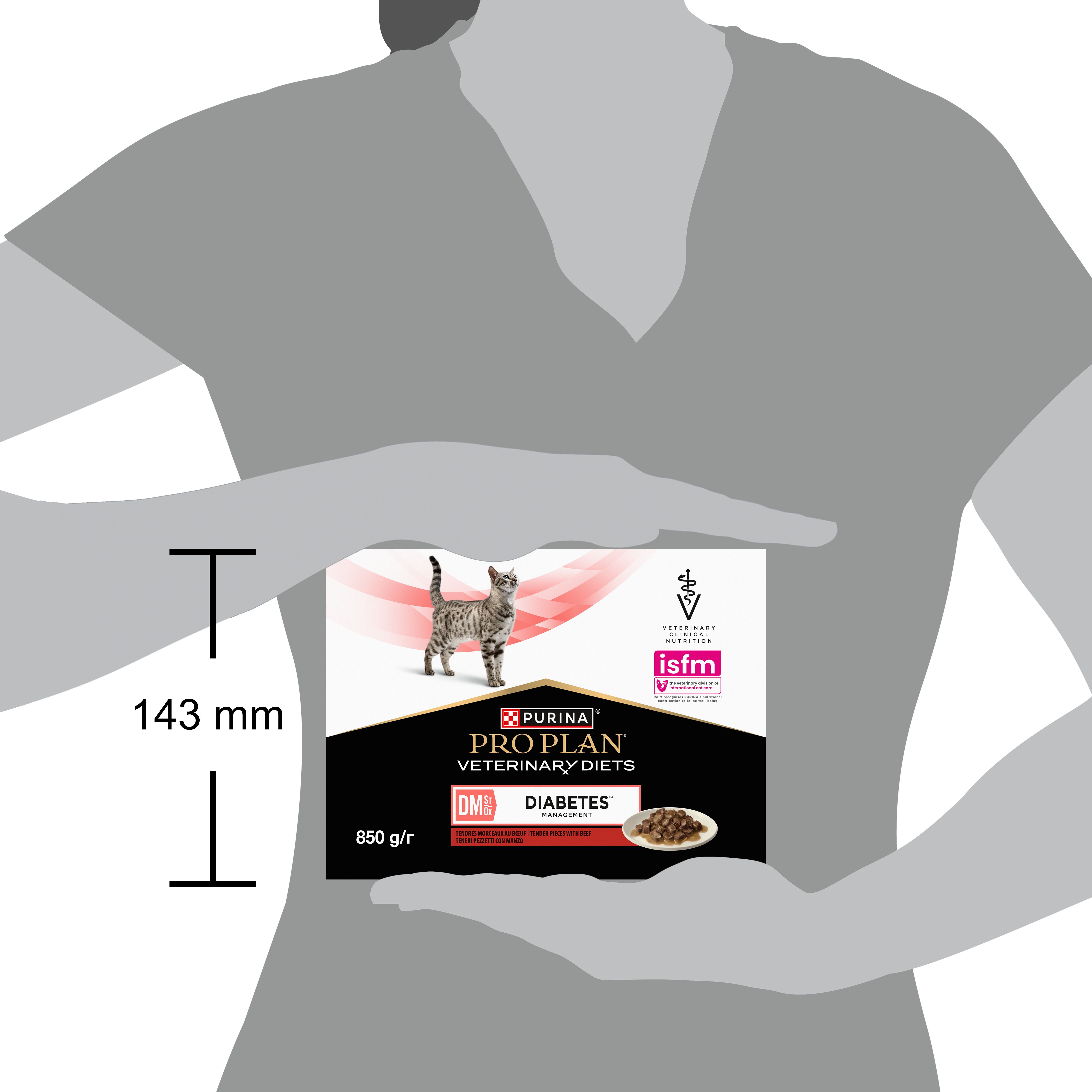 Boîte de nourriture pour chats. Marque : Purina Pro Plan Veterinary Diets. Inscription : DM Diabetes Management. Logo ISFM.