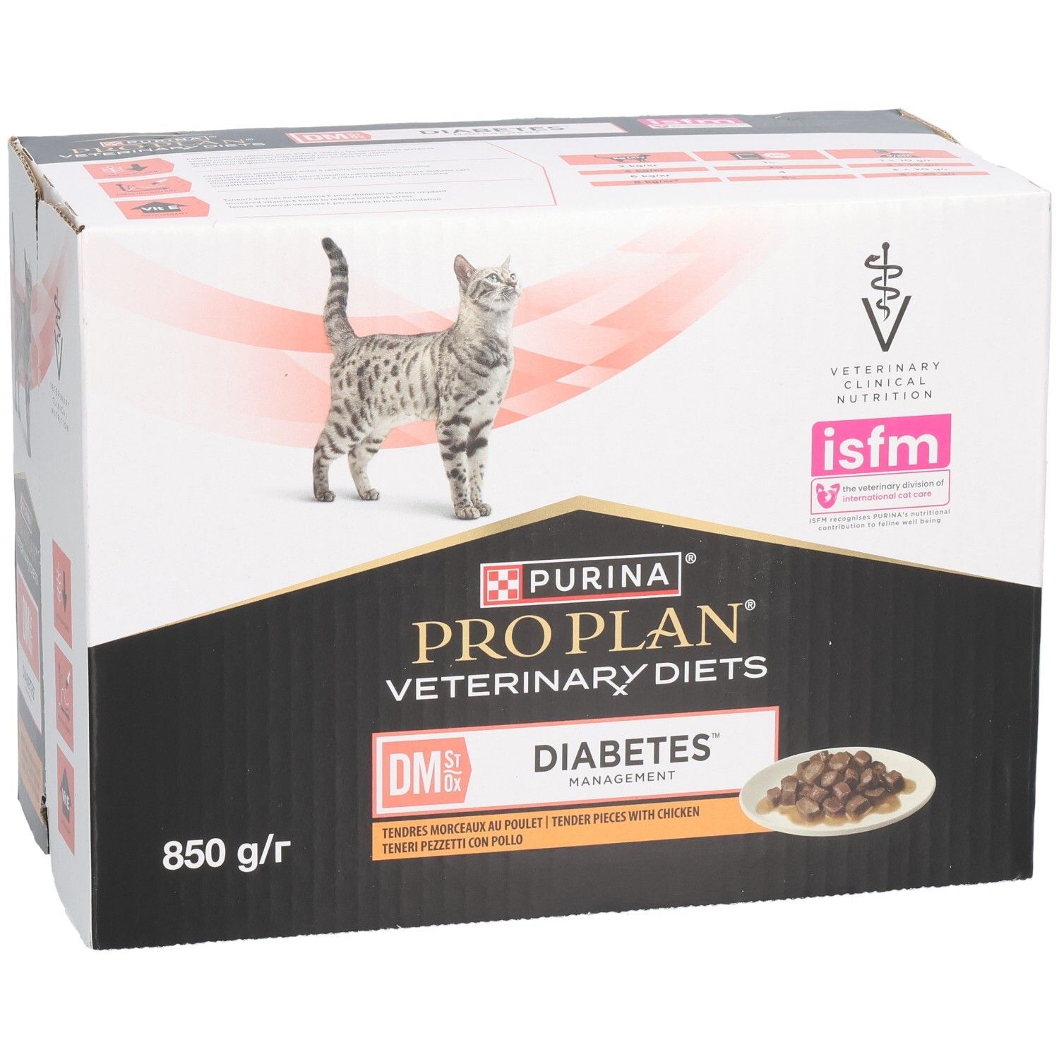 Boîte PRO PLAN® VETERINARY DIETS Feline DM St/Ox Diabetes Management. Chat, image produit, 850 g/r.