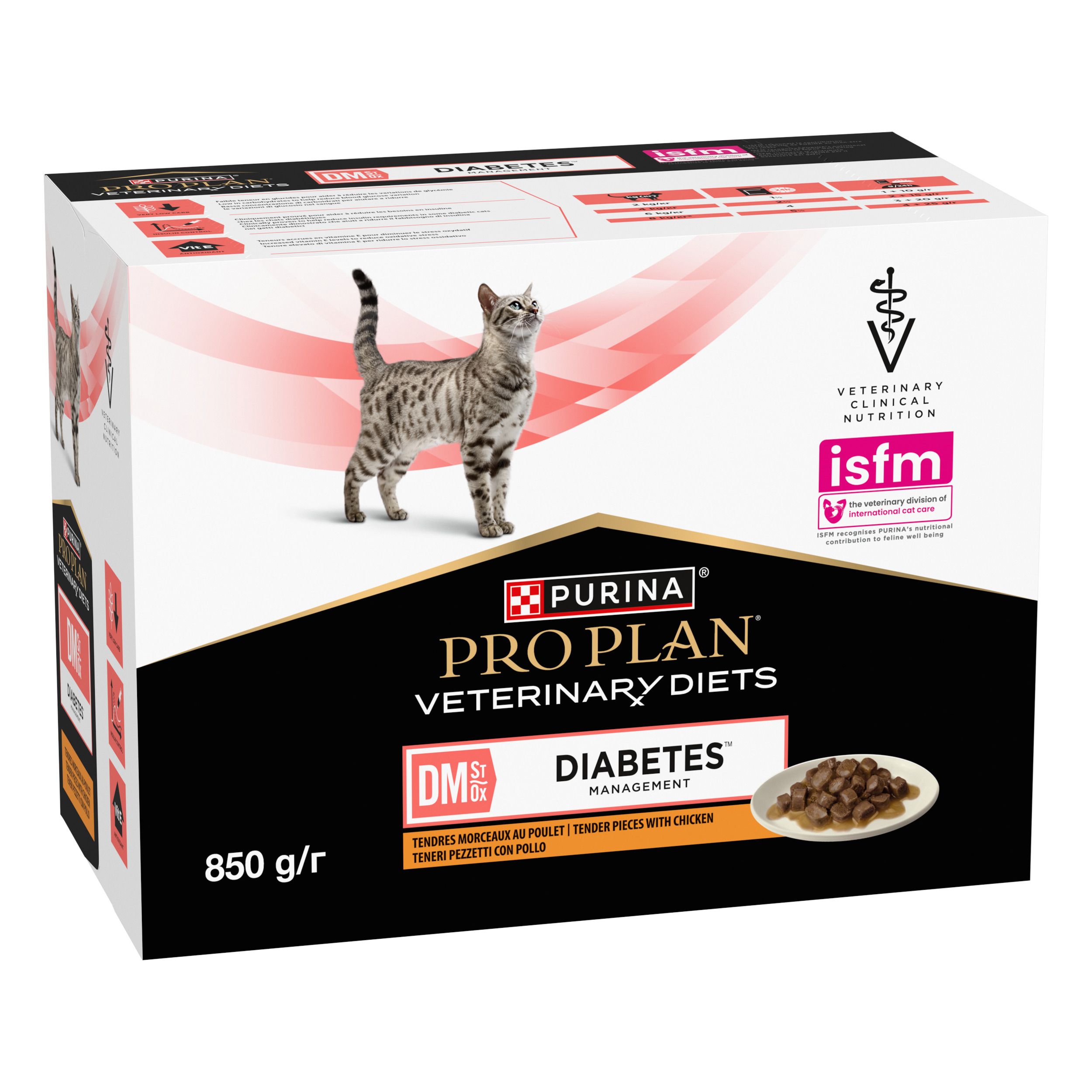 Boîte PRO PLAN® VETERINARY DIETS Feline DM St/Ox Diabetes Management. Chat, image produit, 850 g/r.