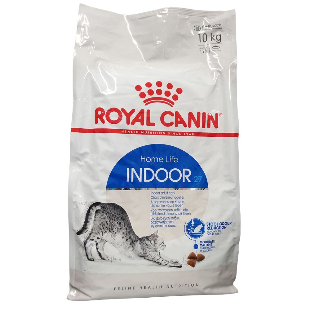 Sac de nourriture pour chats Royal Canin Home Life Indoor, 10 kg. Image de chat et informations produit.