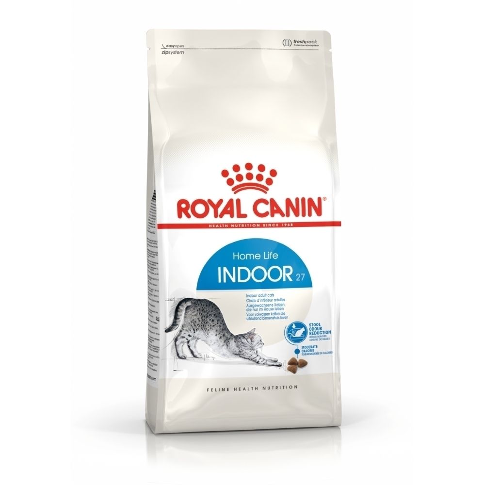 Sac de nourriture pour chat Royal Canin Indoor 27 avec illustration de chat et croquettes.