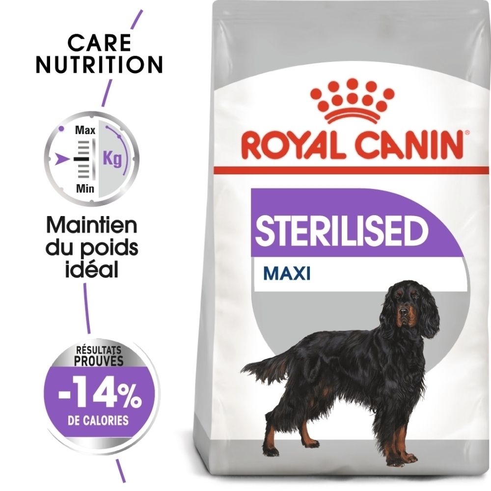Emballage Royal Canin Maxi Sterilisé avec symboles de gestion du poids et graphique de chien.