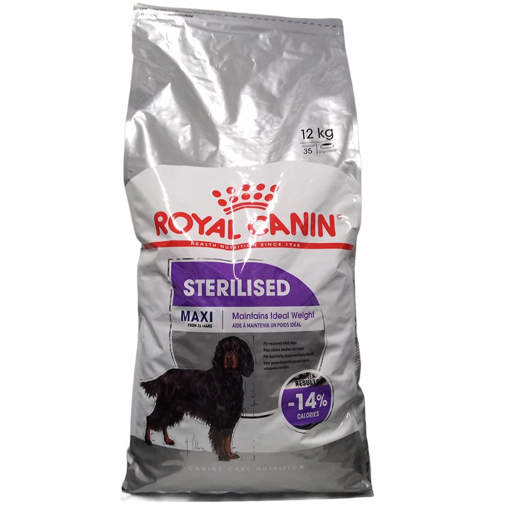 Sac de 12 kg de croquettes Royal Canin Maxi Sterilisé, avec l'image d'un chien.