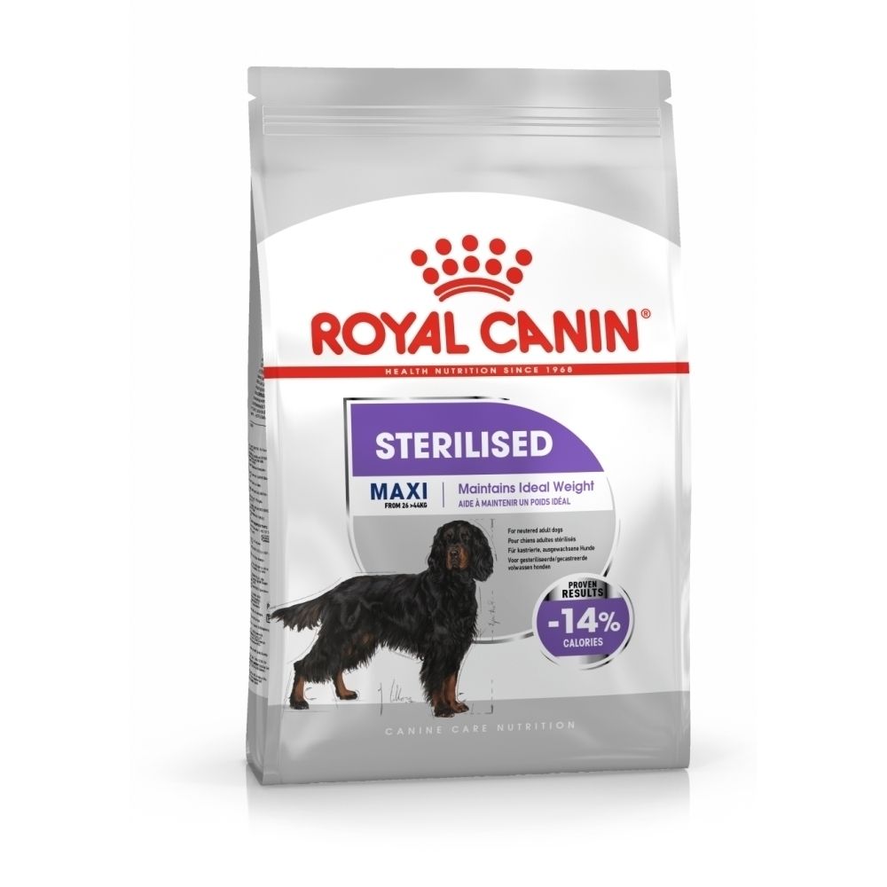 Emballage Royal Canin Maxi Sterilisé avec indication de réduction de calories et graphique de chien.