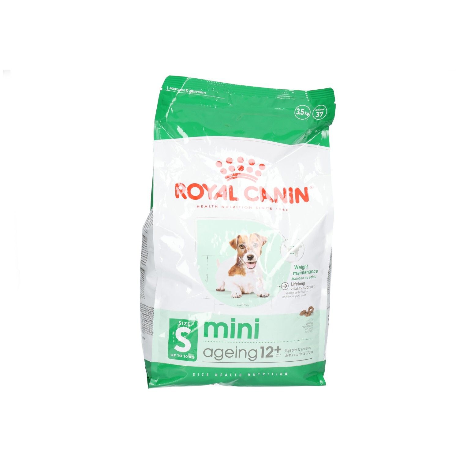 Croquettes Royal Canin Mini Ageing 12+. Sac avec image de chien et informations produit.
