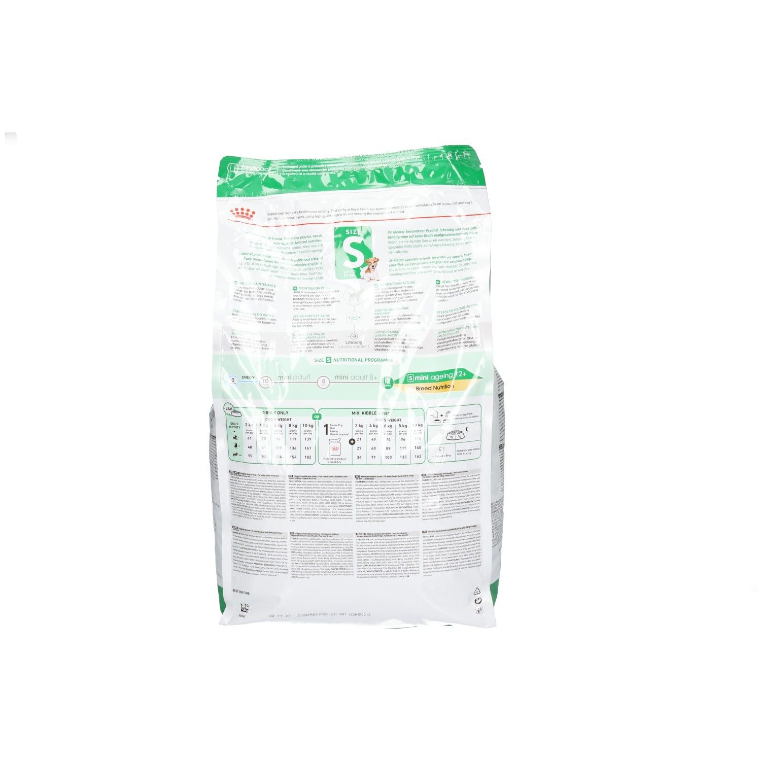 Dos du sac de croquettes Royal Canin Mini Ageing 12+ avec informations nutritionnelles détaillées et tableaux.