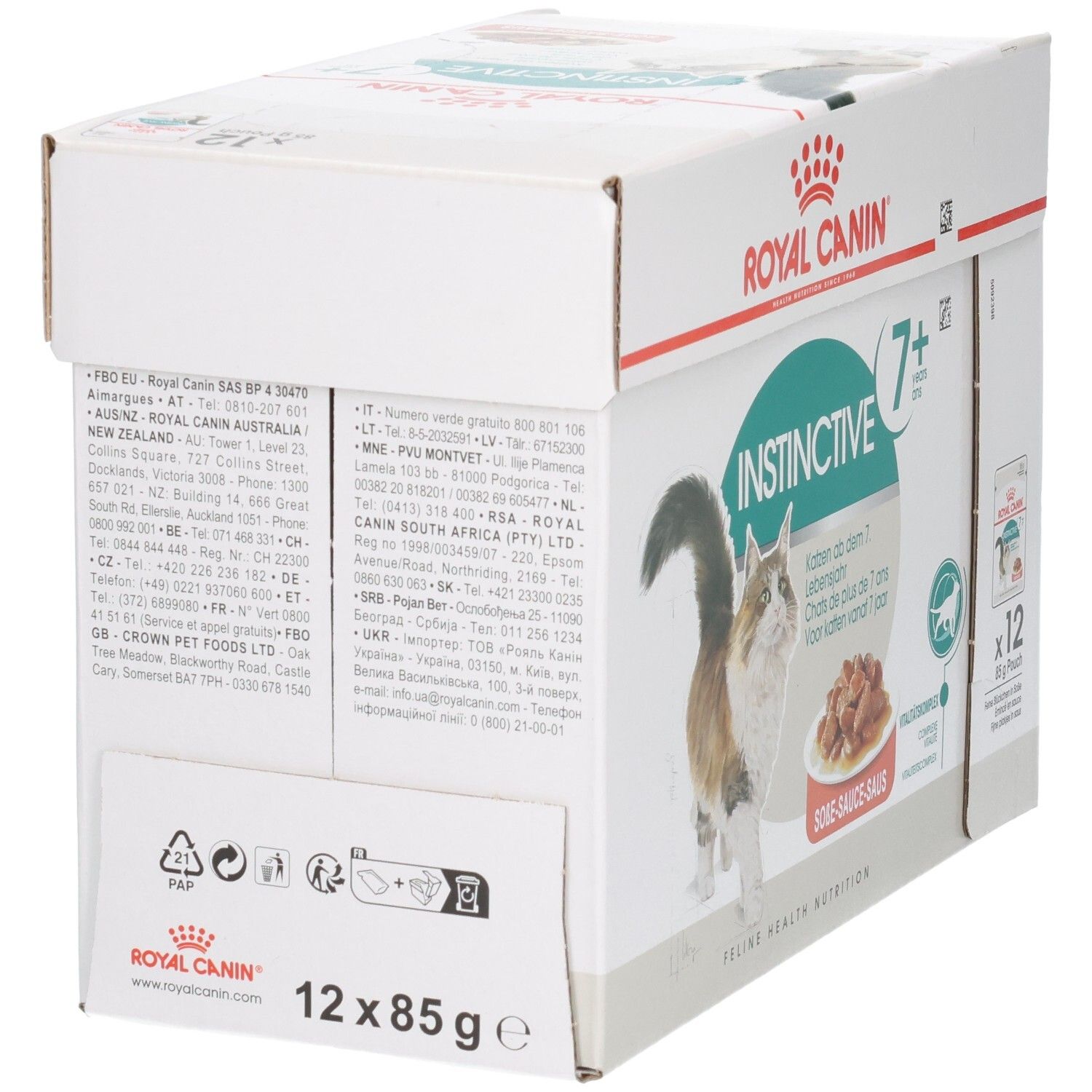 Arrière de l'emballage Royal Canin Instinctive 7+ Multipack avec informations d'adresse et symboles de recyclage.
