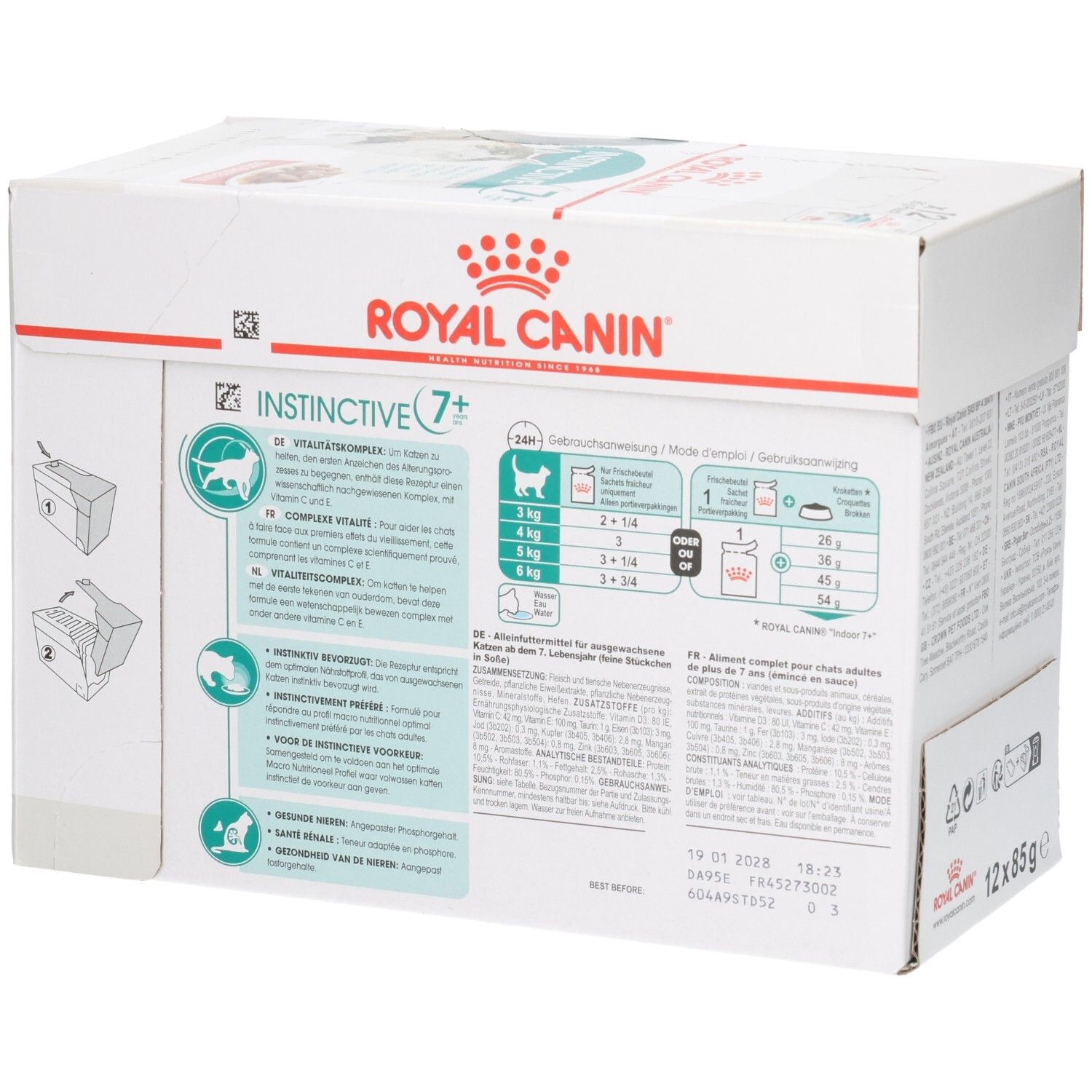 Vue latérale de l'emballage Royal Canin Instinctive 7+ Multipack avec recommandations alimentaires et complexe vitalité.