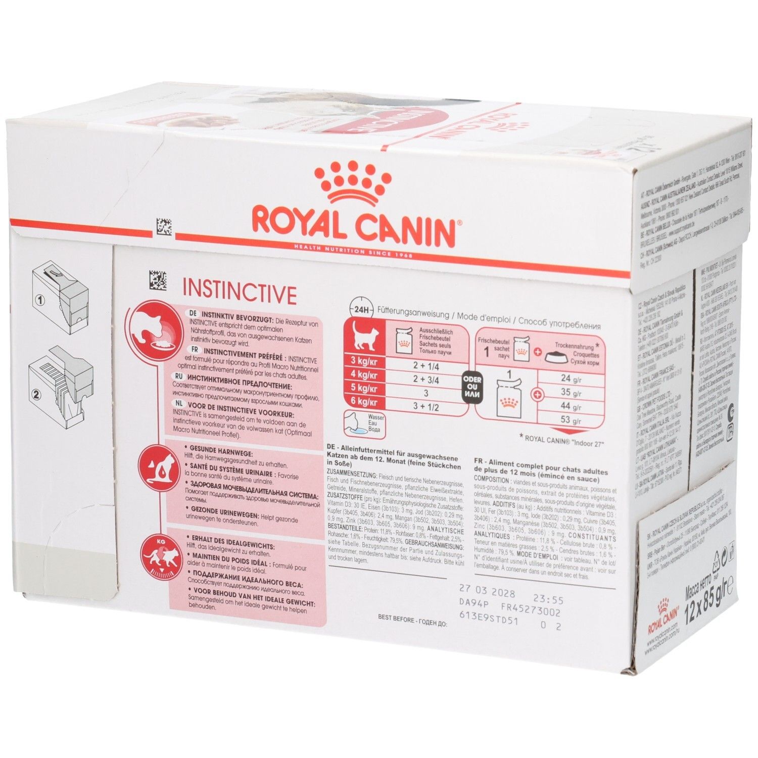 Vue latérale du Royal Canin Instinctive Multipack avec instructions d'utilisation détaillées et tableaux d'alimentation.