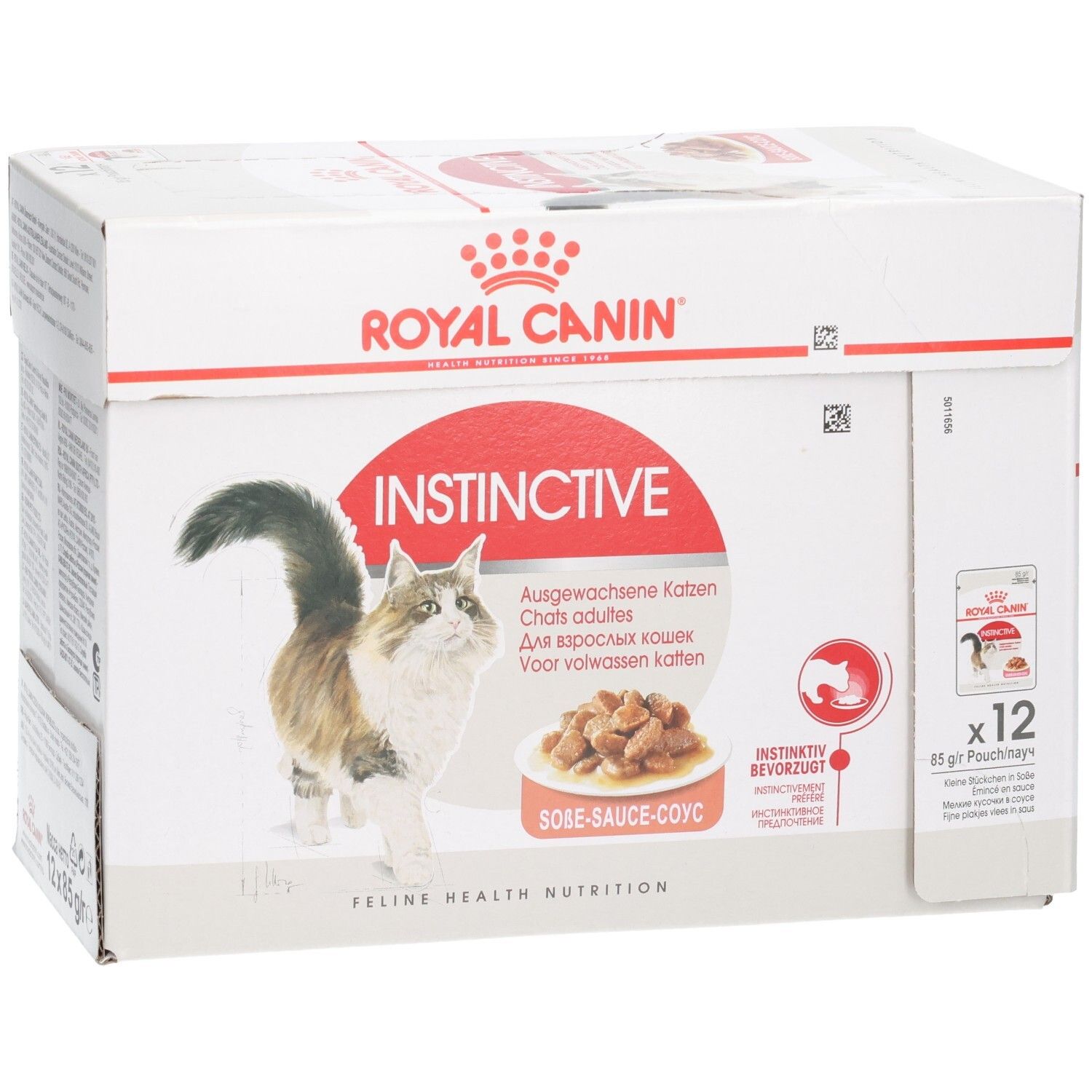 Royal Canin Instinctive Multipack pour chats adultes, 12 x 85g Sachet, légèrement de trois-quarts avant.