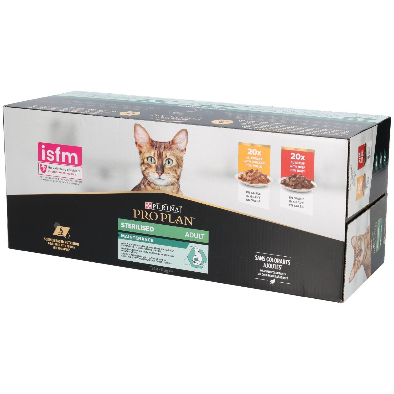 Boîte de nourriture pour chats Purina Pro Plan Sterilised Adult. Nutrition scientifique.