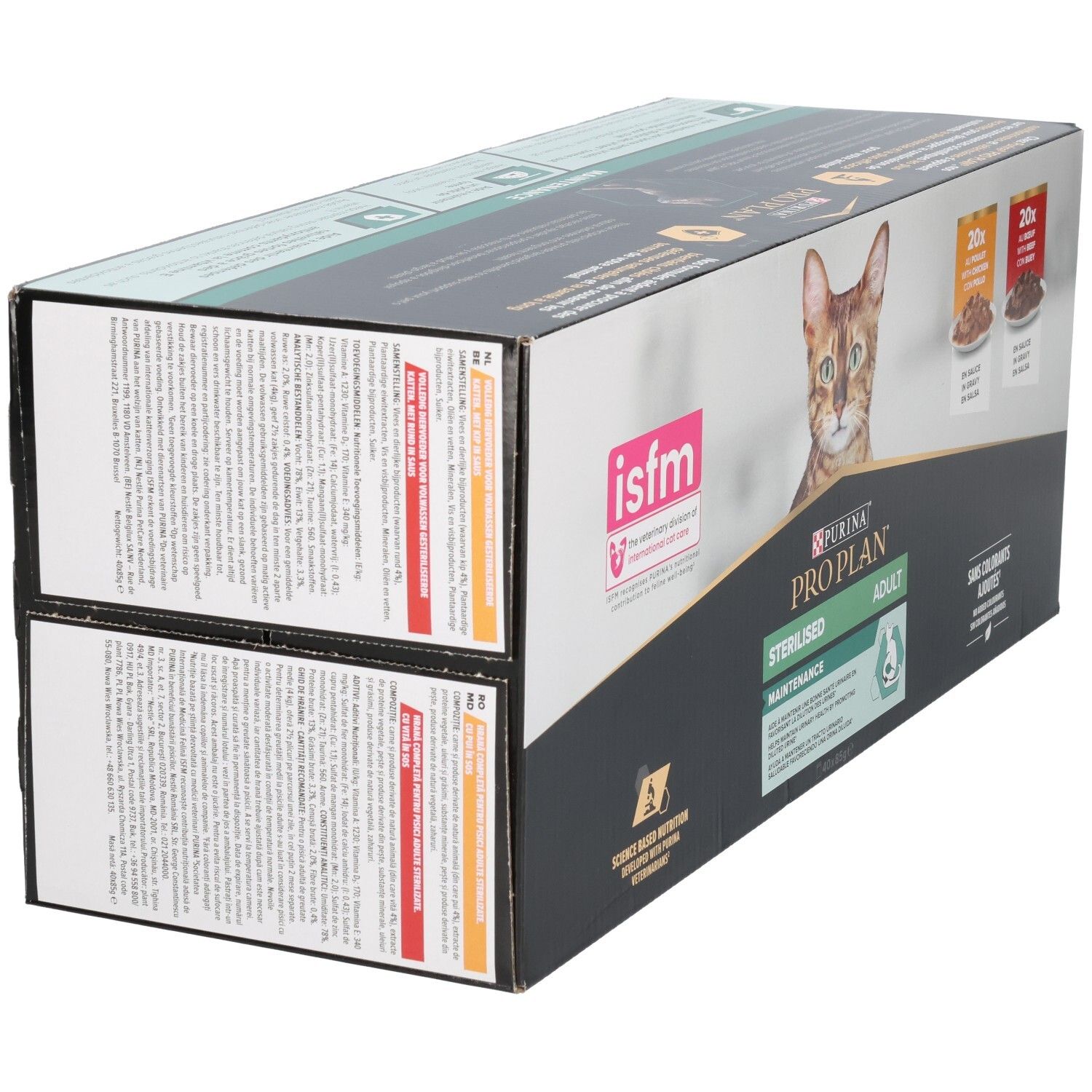 Boîte de nourriture pour chats Purina Pro Plan Sterilised Adult. Nutrition scientifique.