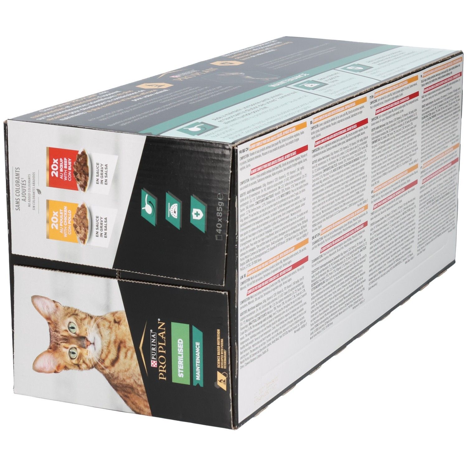 Boîte d'aliments pour chats Purina Pro Plan, 40 sachets de 85g, saveur 'Sterilised Smart Balance'.