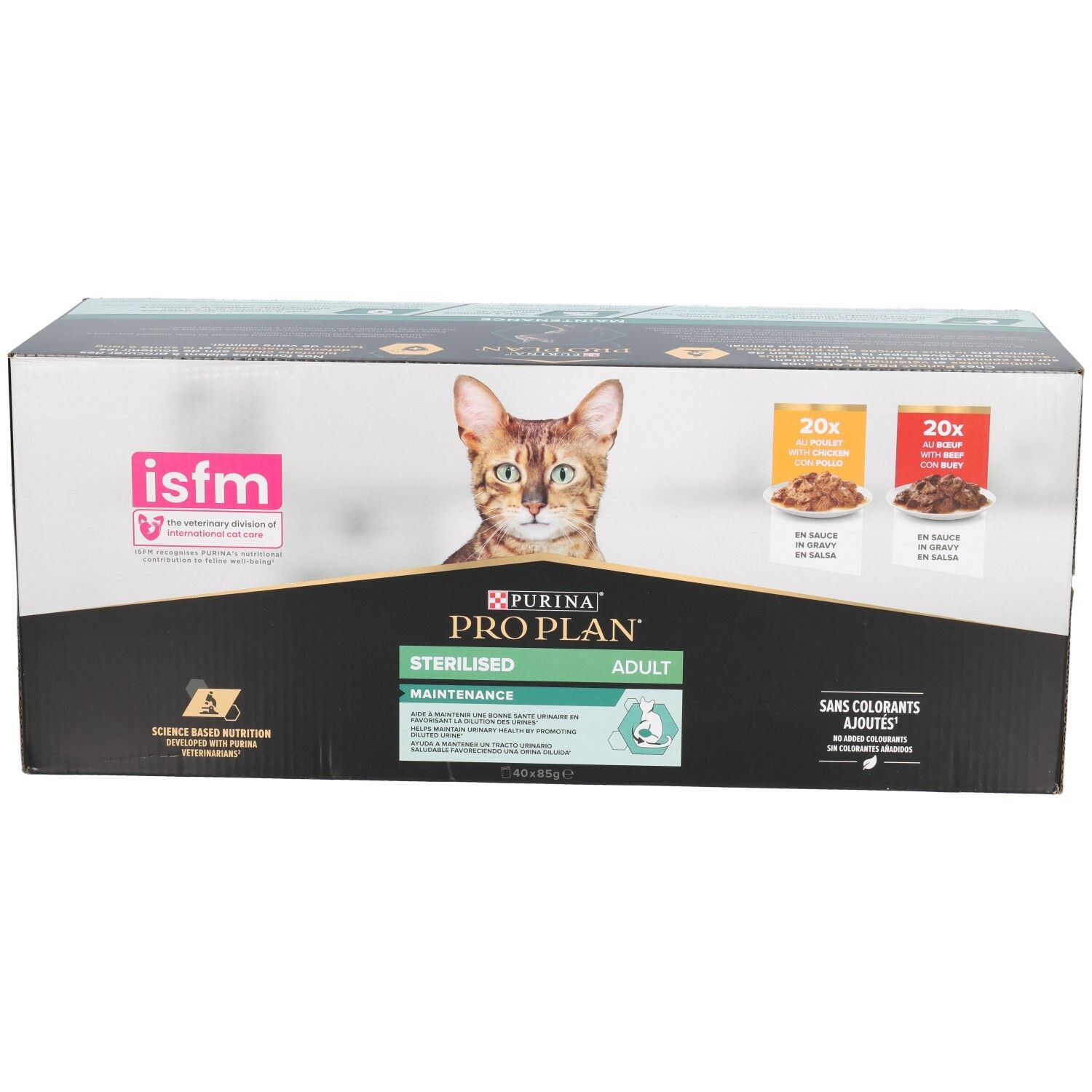 Boîte de nourriture pour chats Purina Pro Plan Sterilised Adult. Nutrition scientifique.