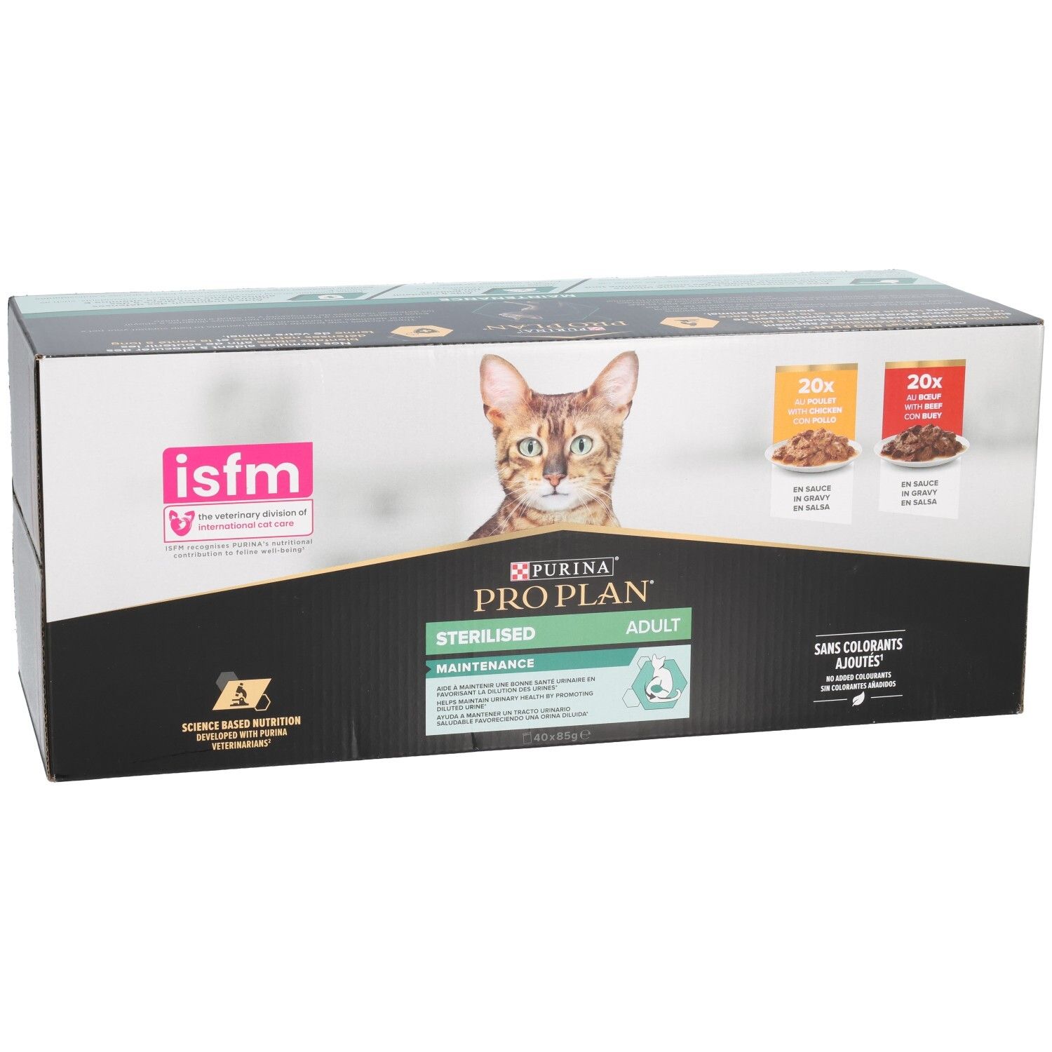 Boîte de nourriture pour chats Purina Pro Plan Sterilised Adult. Nutrition scientifique.