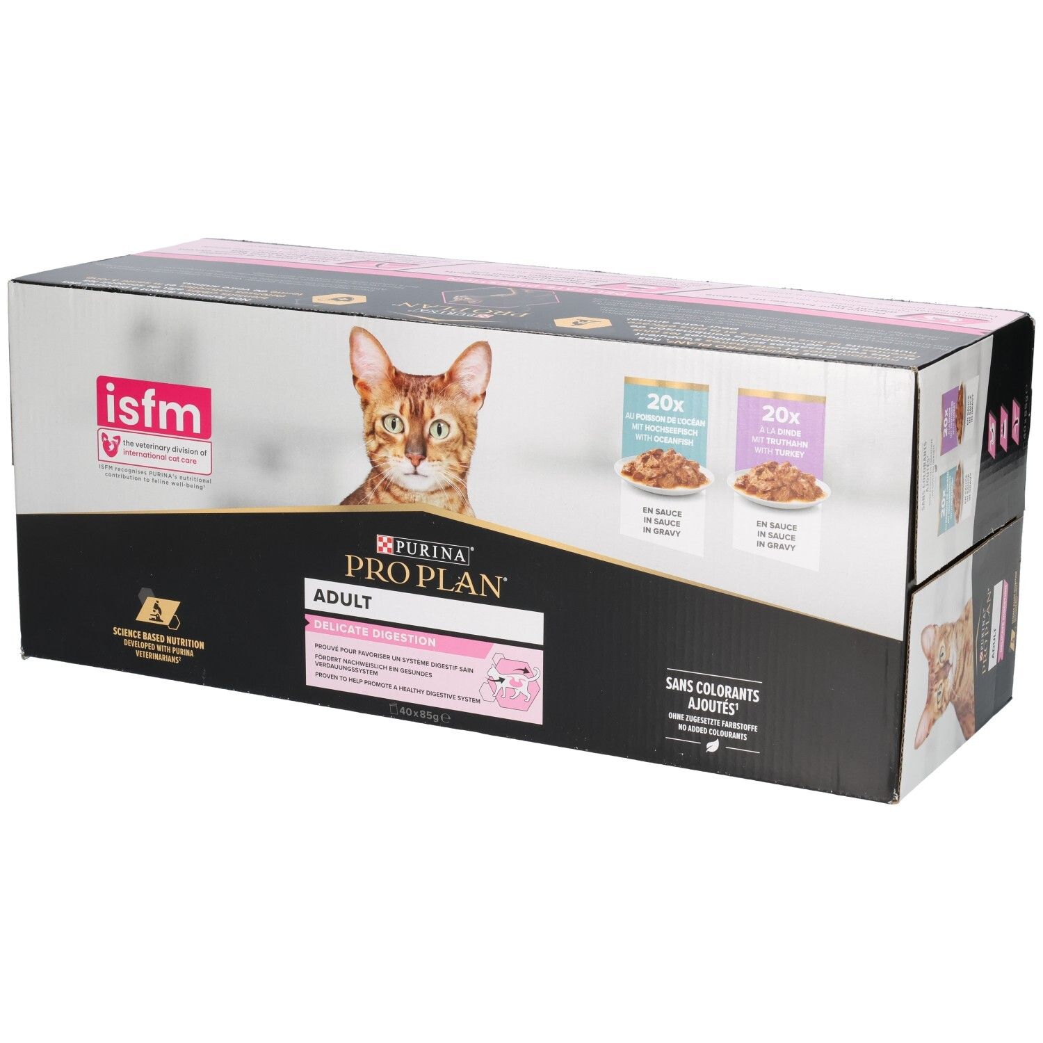Boîte de nourriture pour chats. Inscriptions Pro Plan, chat, 20x sachets, logo isfm. Éléments roses et noirs.