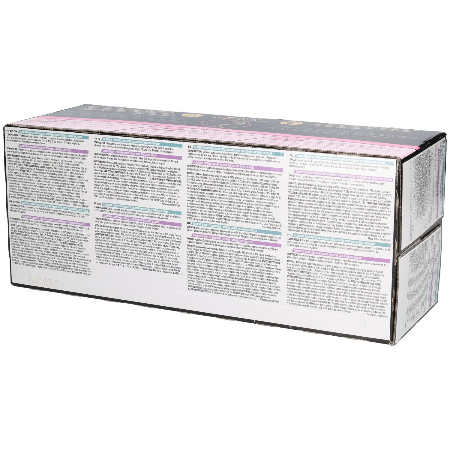 Dos de la boîte en carton avec texte. Éléments roses et noirs. Texte en plusieurs langues.
