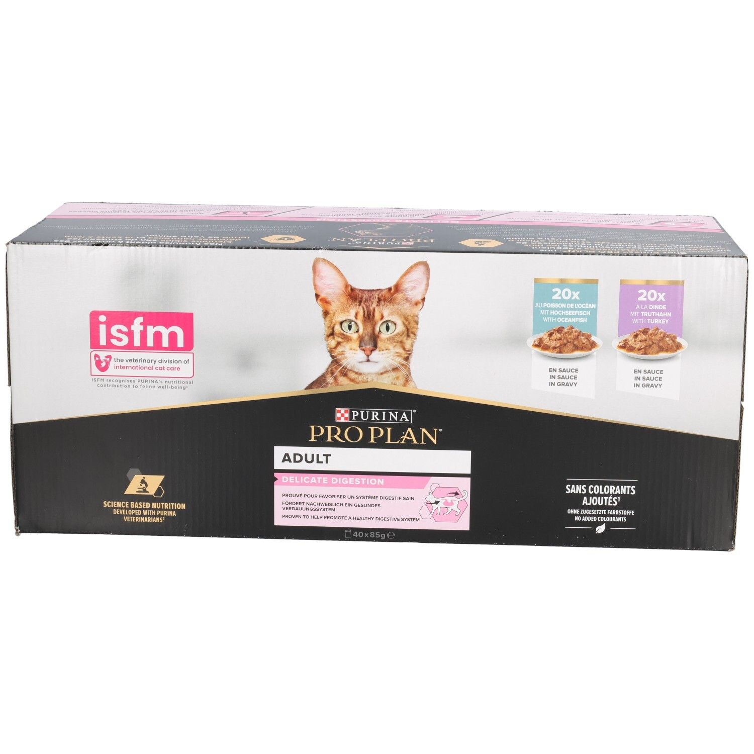Boîte de nourriture pour chats. Inscriptions Pro Plan, chat, 20x sachets, logo isfm. Éléments roses et noirs.