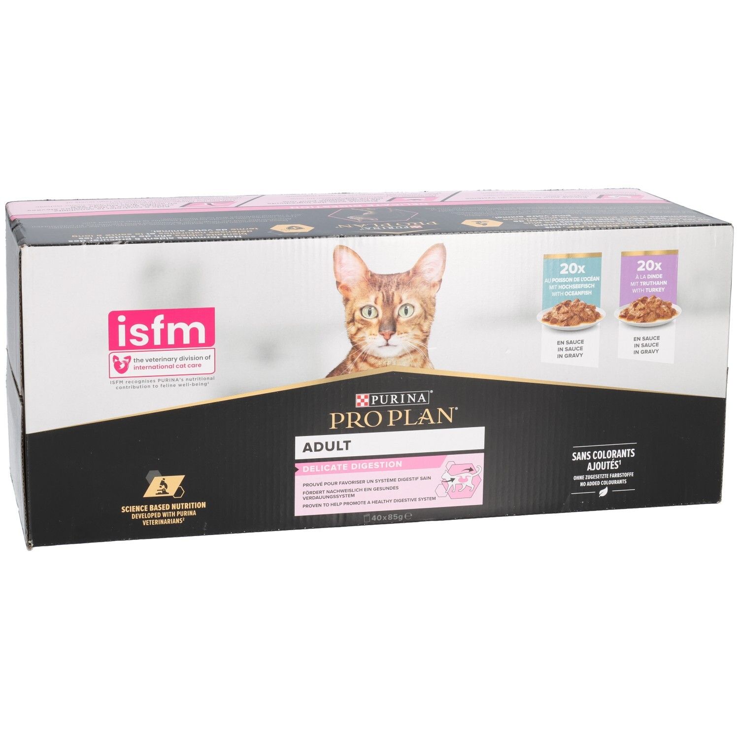 Boîte de nourriture pour chats. Inscriptions Pro Plan, chat, 20x sachets, logo isfm. Éléments roses et noirs.