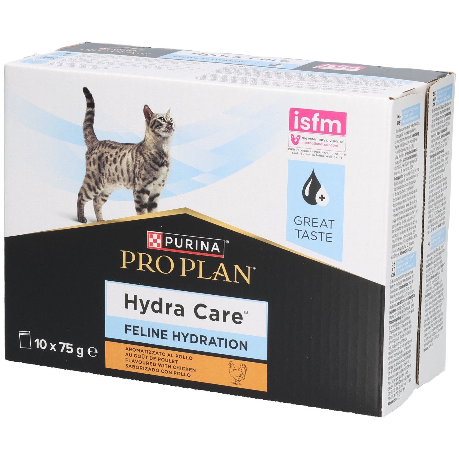 Boîte Purina Pro Plan Hydra Care. 10 sachets de 75g. Image de chat. Logo et texte. Label isfm.
