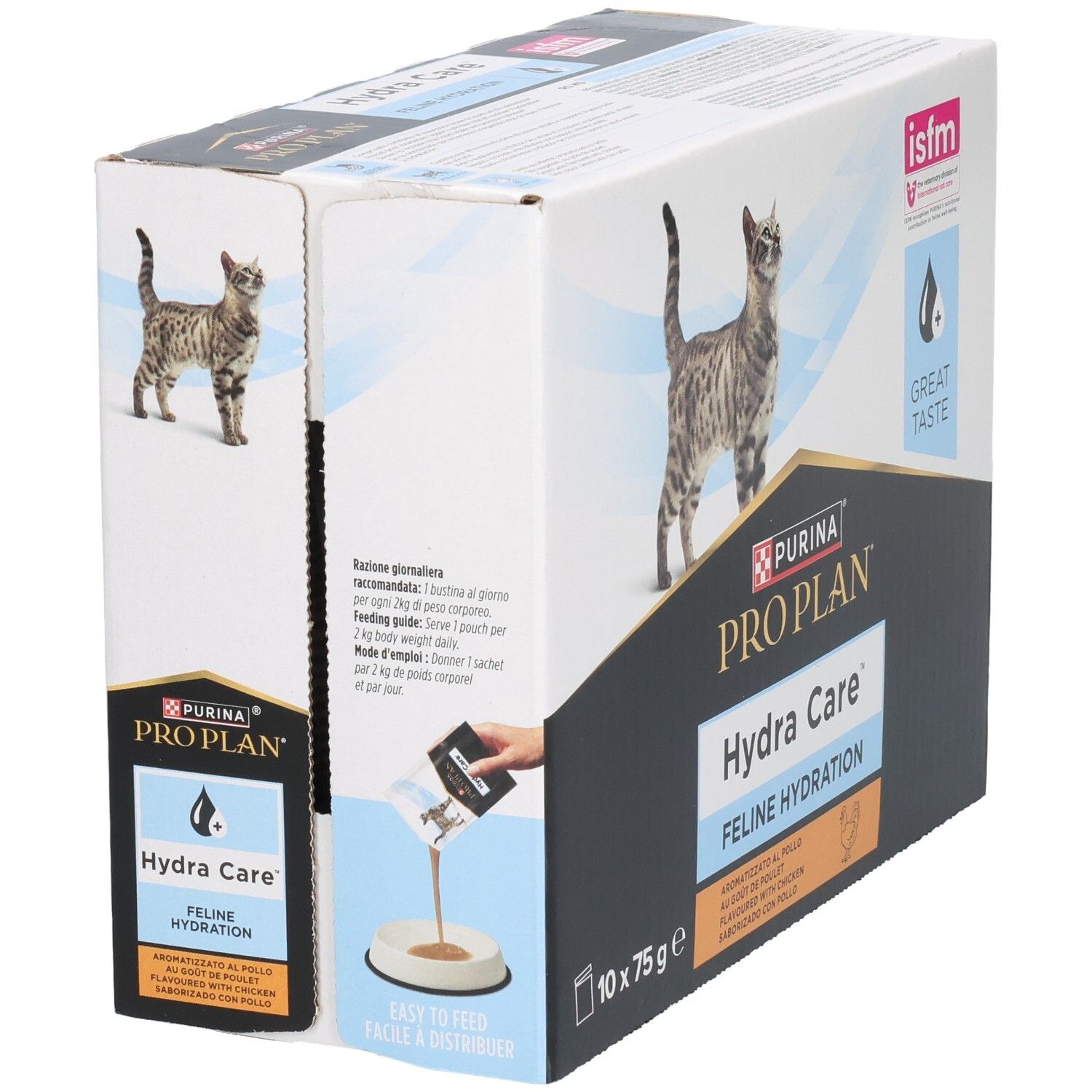 Boîte Purina Pro Plan Hydra Care. 10 sachets de 75g. Image de chat. Logo et texte. Label isfm. Instructions.