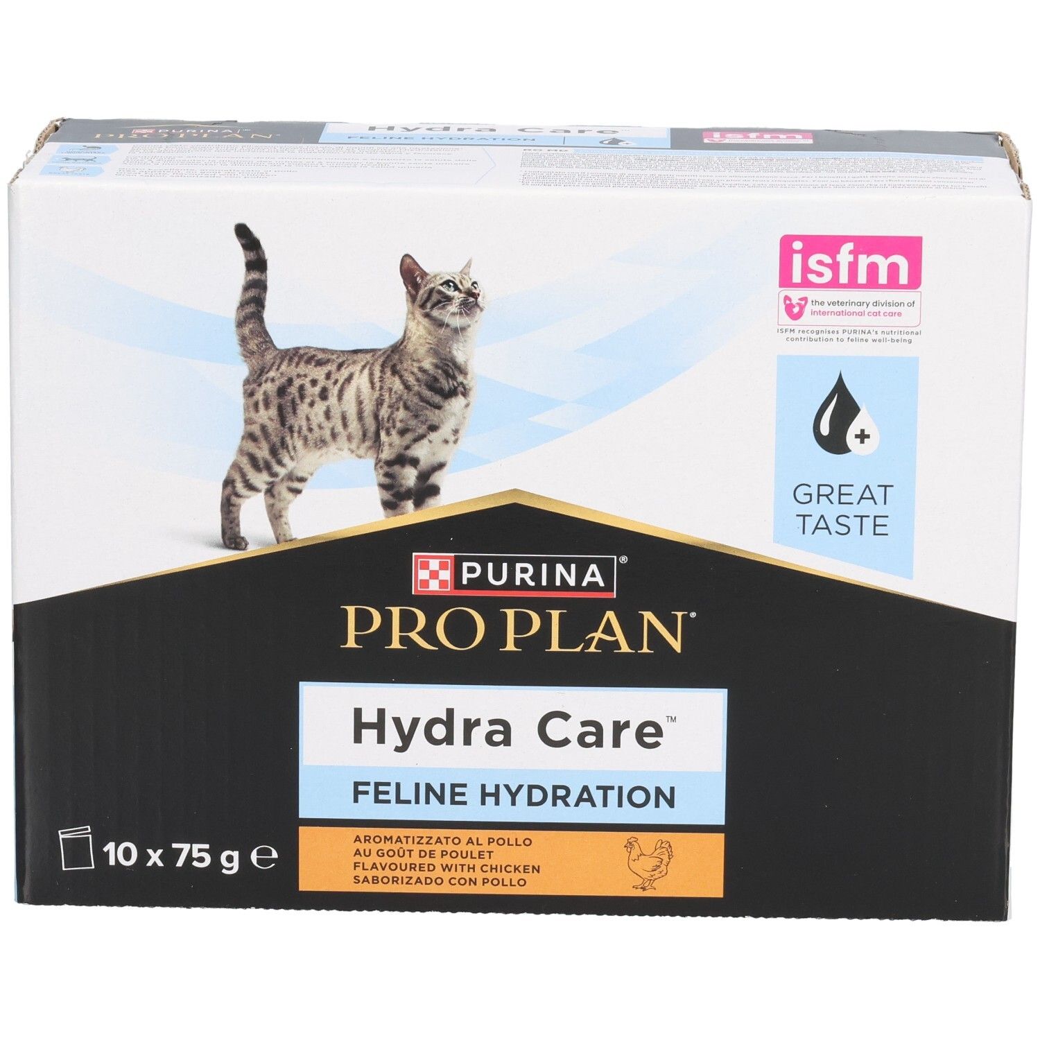 Boîte Purina Pro Plan Hydra Care. 10 sachets de 75g. Image de chat. Logo et texte. Label isfm.