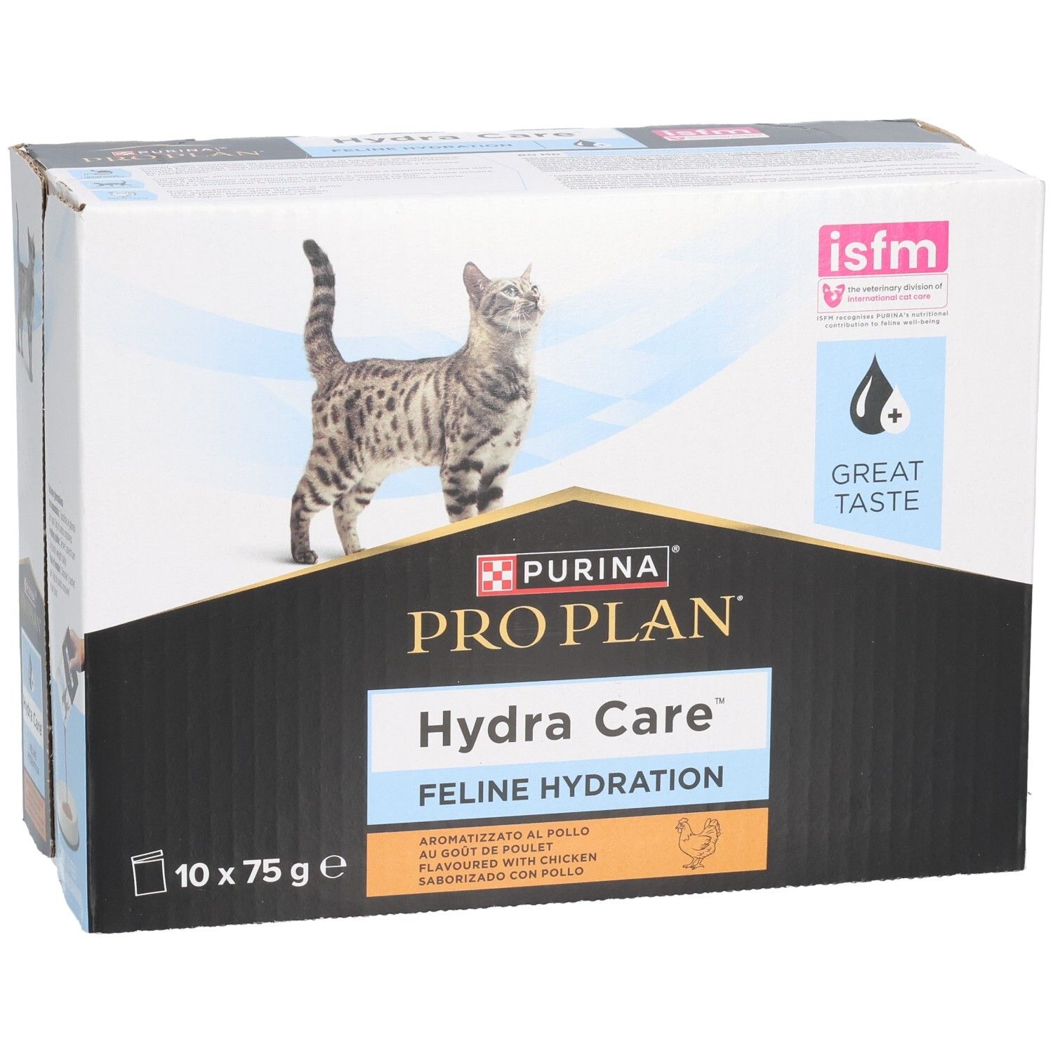 Boîte Purina Pro Plan Hydra Care. 10 sachets de 75g. Image de chat. Logo et texte. Label isfm.