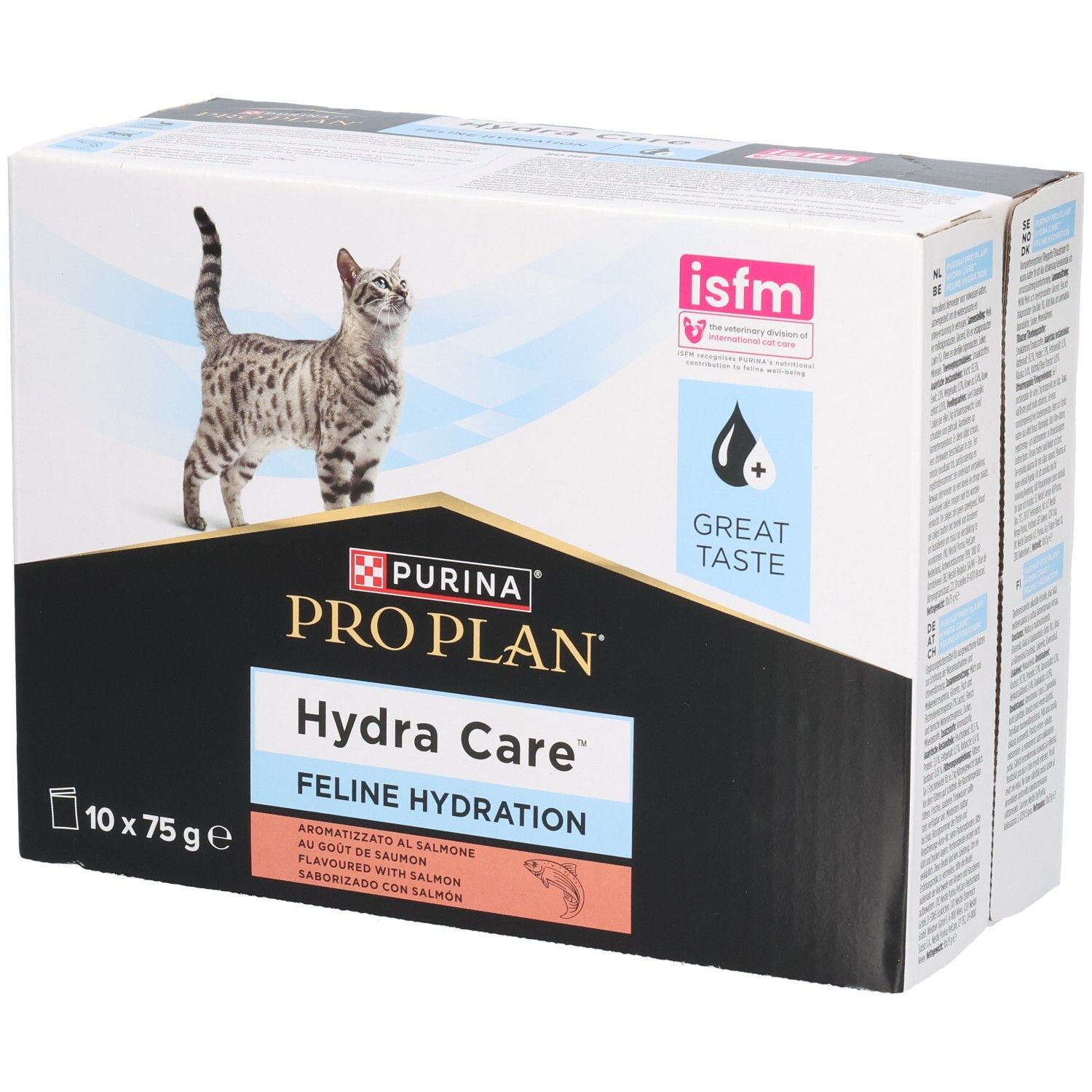 Boîte PRO PLAN Hydra Care pour chats, 10 sachets de 75g. Logo, chat et mentions.