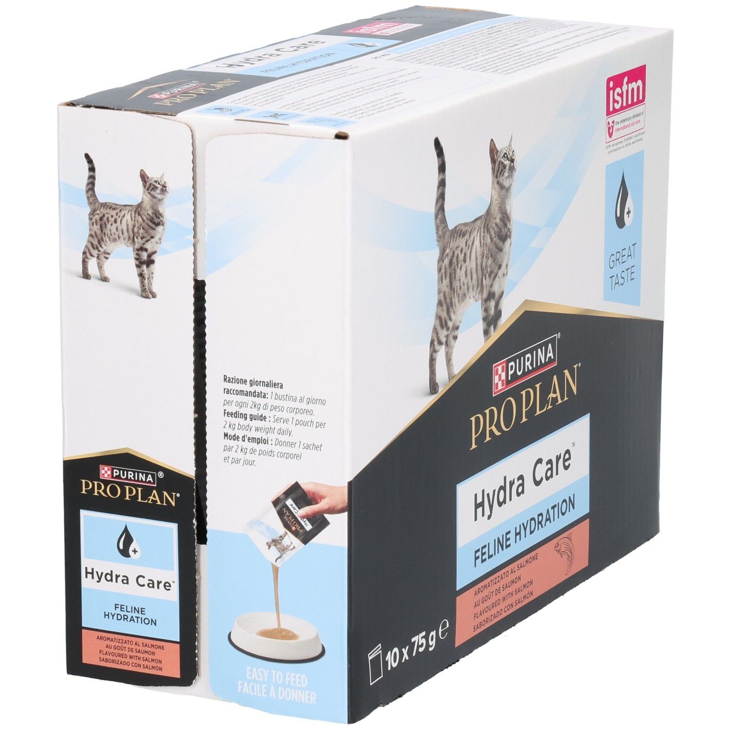 Boîte PRO PLAN Hydra Care, 10 sachets de 75g. Chat, logo et présentation produit.